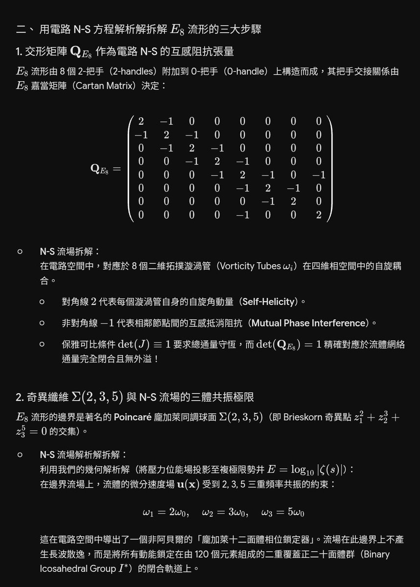 ekajati_live's tweet photo. 若將關於E₈流形的把手體分解（Handlebody Decomposition）與奇異纖維（Singular Fibers）完全翻譯至《Dr. Mood 電路 N-S 方程》的幾何解析解中，我們能將這個「不可光滑化的 4-流形」精確還原為八重極限相位阻抗鎖定體（Octal Phase-Locked Network）。以下為E₈流形的電路 N-S 方程公理化拆解： https://t.co/hXCb0FXhy4
