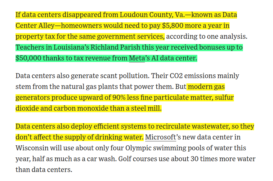 rohanpaul_ai's tweet photo. WSJ just published a piece, on how Data centers can be a huge win for local communities. 

In Loudoun County, removing them could mean about $5,800 more in annual property taxes for homeowners just to maintain the same services. 

In Louisiana, Meta’s data-center tax revenue helped fund teacher bonuses of up to $50,000. 

"Data centers also generate scant pollution. Their CO2 emissions mainly stem from the natural gas plants that power them. But modern gas generators produce upward of 90% less fine particulate matter, sulfur dioxide and carbon monoxide than a steel mill."