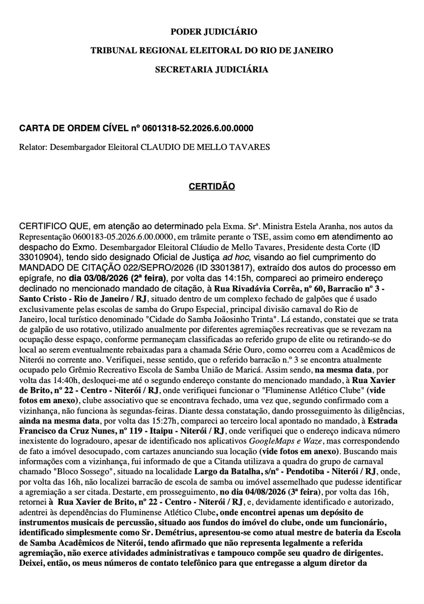 marcelvanhattem's tweet photo. Lembra da Acadêmicos do Niterói, escola de samba que recebeu quase R$ 10 milhões de reais para exaltar Lula e acabou sendo rebaixada no carnaval carioca?

Pois bem: acredite ou não, uma escola de samba inteirinha SUMIU. Tomou doril. Desapareceu. Fez "puf", evaporou.

A Justiça Eleitoral simplesmente NÃO CONSEGUE ENCONTRAR a Acadêmicos de Niterói para citá-la no processo que movemos para apurar a claríssima propaganda eleitoral antecipada em favor de Lula.

O desfile foi em fevereiro. Já estamos na virada de agosto para setembro.

A cronologia é  absurda:

Em fevereiro, acionamos o TSE contra Lula, o PT e a Acadêmicos de Niterói pelo desfile que, em pleno ano eleitoral, exaltou Lula, usou referências ao 13 e contou com recursos públicos.

O TSE negou nosso pedido de liminar e disse que eventual ilícito deveria ser apurado posteriormente. Ingressamos com nova ação quando Lula registrou sua candidatura.

No dia 3 de agosto, um oficial de Justiça saiu à procura da escola:

📍 Cidade do Samba: ela não estava mais lá pois foi rebaixada.
📍 Fluminense Atlético Clube: fechado, pois era segunda-feira.
📍 Itaipu: o endereço indicado simplesmente NÃO EXISTIA e correspondia a um imóvel vazio para alugar.
📍 Largo da Batalha: nenhum barracão da escola.

Dia 4: nova tentativa no Fluminense. Só encontraram instrumentos de percussão. O mestre de bateria disse que não representava juridicamente a escola.

Dia 12: terceira visita. Funcionários disseram que ali não existe escritório da Acadêmicos de Niterói, apenas uma sala usada para guardar tambores.

Ainda no dia 12, o oficial foi a outro galpão no Rio. Lá também: apenas depósito e manutenção de carros alegóricos. Nenhum setor administrativo.

Resultado oficial da diligência: NEGATIVO.

Seis meses depois do desfile de exaltação a Lula, a Justiça ainda está tentando descobrir onde citar a escola.

Para nós, da direita, o rigor chega antes mesmo da campanha. Para Lula, até a citação vira uma novela.

Hoje, o TSE chegou ao ponto de determinar que o Instagram forneça dados do presidente da escola para tentar localizá-lo. 

Será que vai aparecer a Margarida, olê, olê, olá?