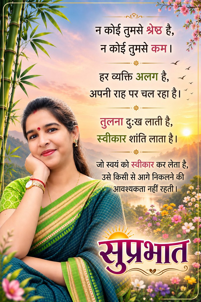ShailjaSinha9's tweet photo. सुप्रभात
खुद से प्रेम करें, अपनी राह पर विश्वास रखें और दूसरों से तुलना किए बिना हर दिन आगे बढ़ते रहें
आपका दिन सुखद, शांतिमय और खुशियों से भरा हो। 
#सुप्रभात #शुभप्रभात #सुविचार #सकारात्मकविचार #आत्मविश्वास #आत्मप्रेम #प्रेरणा #GoodMorning #PositiveVibes #MorningMotivation https://t.co/g0KWcYQlFO