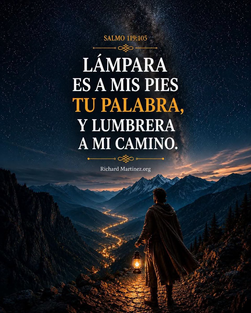 cantanterichard's tweet photo. “Lámpara es a mis pies tu palabra, y lumbrera a mi camino.” — Salmo 119:105 ✨📖

Hay momentos en los que no sabemos qué dirección tomar. El camino parece oscuro, las respuestas no llegan y el futuro se siente incierto. Pero justamente allí, la Palabra de Dios se convierte en luz para nuestros pasos.

Dios no siempre nos muestra todo el camino de una vez. Muchas veces ilumina solamente el siguiente paso, porque quiere enseñarnos a caminar por fe y no por vista.

Su Palabra nos corrige cuando estamos por desviarnos, nos fortalece cuando queremos rendirnos y nos recuerda sus promesas cuando el miedo intenta dominar nuestro corazón.

Quizás hoy no tengas todas las respuestas, pero si tienes la dirección de Dios, tienes lo suficiente para continuar. Una sola palabra de Dios puede cambiar completamente la manera en que ves tu situación.

No permitas que el ruido del mundo apague la voz de Aquel que conoce tu destino. Vuelve a la Biblia, vuelve a sus promesas, vuelve a esa verdad que permanece firme aun cuando todo alrededor cambia.

Hoy declara con fe: “Señor, que tu Palabra sea la luz que guíe mis decisiones, mis pensamientos y cada paso que dé.”

Padre, cuando no sepa por dónde caminar, ilumina mi camino. Cuando tenga miedo, recuérdame tus promesas. Y cuando me sienta perdido, llévame nuevamente a tu Palabra. En el nombre de Jesús, amén. 🙏

Si la Palabra de Dios es tu guía, escribe: “TU PALABRA ALUMBRARÁ MI CAMINO”.
#motivationalquotes #motivationalquote #RichardMartinez