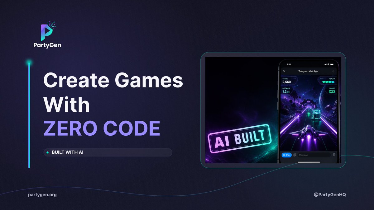 PartyGenHQ's tweet photo. ZERO code required. 100% built with AI 🤖⚡

With PartyGen, you don't need a dev background to build full Web3 games

Just your imagination and a simple prompt

Describe it. AI builds it 🎮

#PartyGen https://t.co/h2nEXkitJD