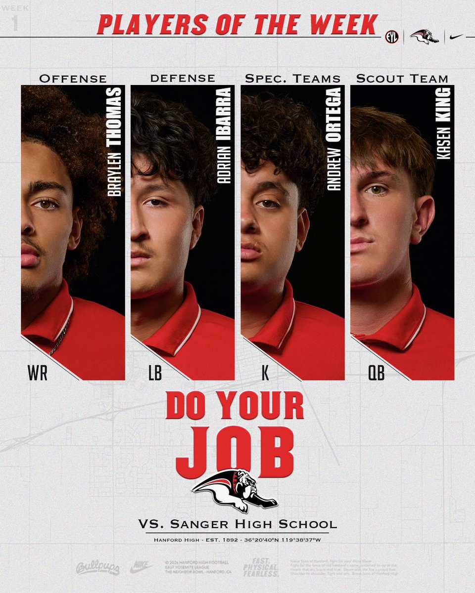 FootballHanford's tweet photo. Ｊｏｂ  ｗｅｌｌ  ｄｏｎｅ! 👷

Braylen Thomas - Offensive P.O.W
Adrian Ibarra - Defensive P.O.W
Andrew Ortega - S.T. P.O.W
Kasen King - Scout P.O.W

#DoYourJob🧰 | #PupSzn🐾 https://t.co/0jrqQ4Mr1U