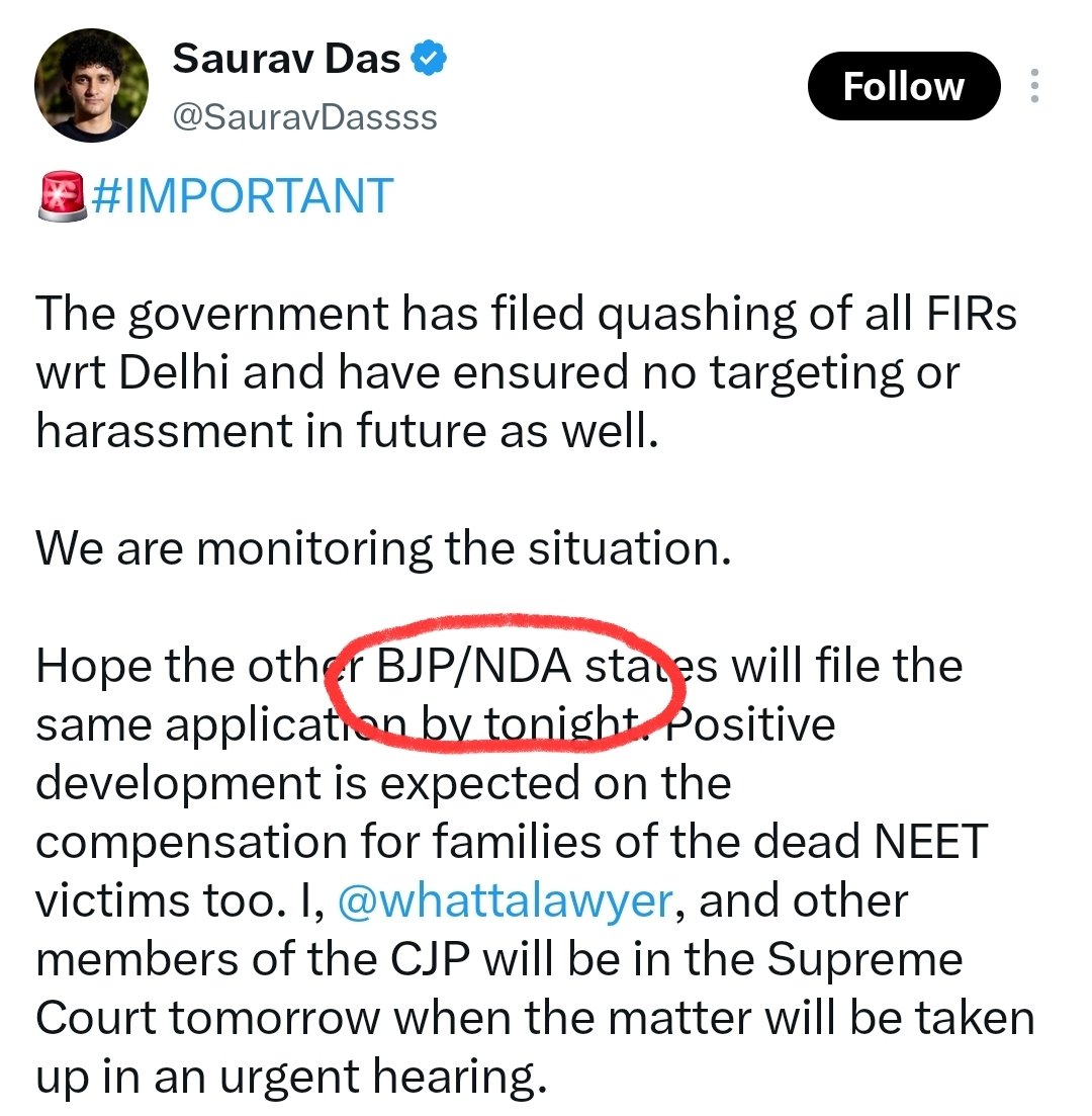 RShivshankar's tweet photo. "HOPE BJP/NDA WILL ALSO FILE APPLICATIONS TO SHUT CASES AGAINST PROTESTING STUDENTS"

Words of Saurav Das, CJP activist. 

SELECTIVE? 

ZERO ADVOCACY AGAINST 
CASES FILED AGAINST students leading the JPSC/JSSC protests in JHARKHAND RUN BY JMM-CONG SARKAR. 

Here are the cases: 
Aug 13, Ranchi: FIR against 600 protesters: 100 named + 500 unidentified in connection with the Assembly march.

Aug 22, Ranchi: 3 FIRs against 14 named 200+ unidentified following clashes between police and protesters. 

Aug 23-24, Hazaribag & Giridih: 3 FIRs against 28 named 900+ unidentified in connection with clashes.