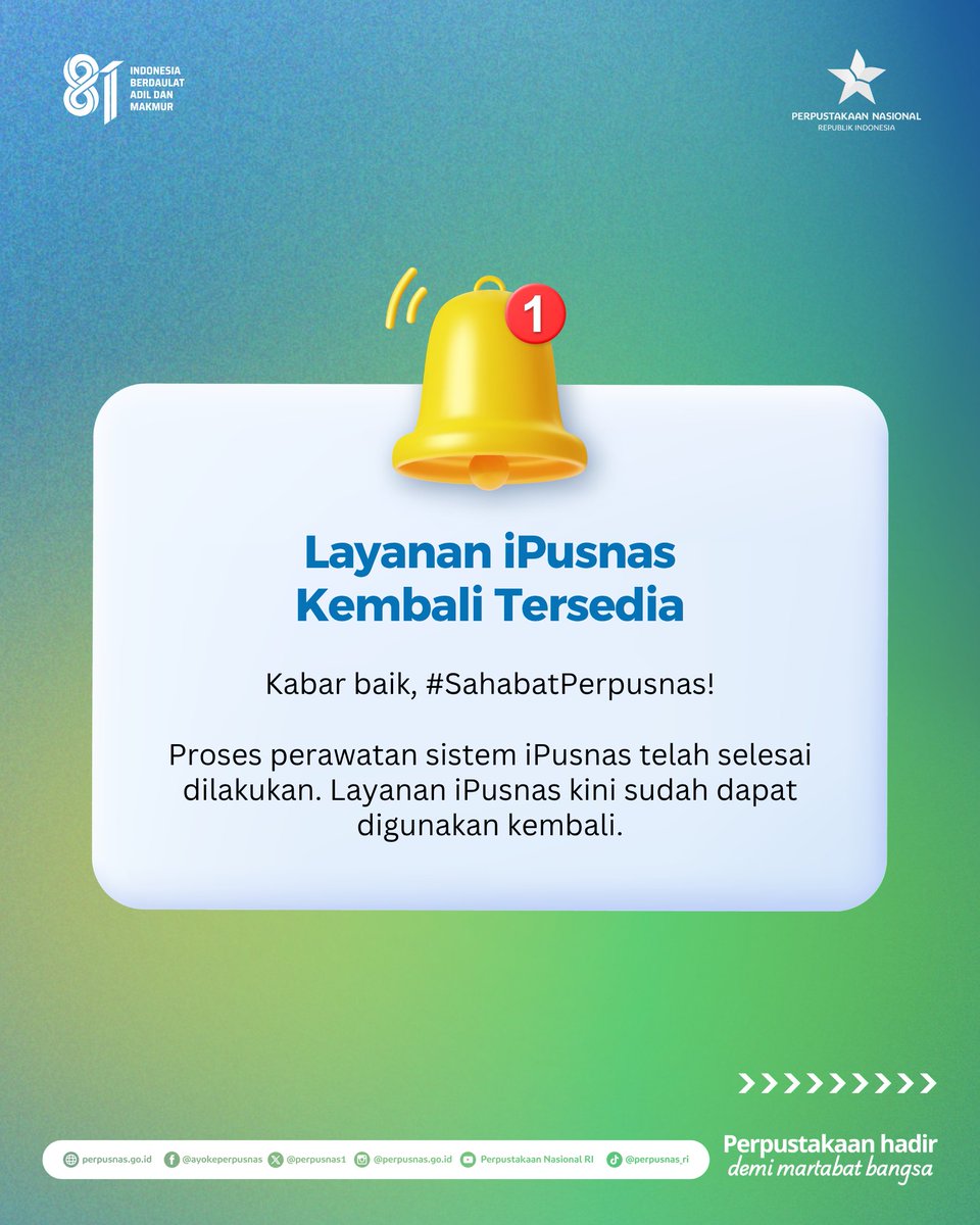 perpusnas1's tweet photo. Kabar Baik! Layanan iPusnas Kembali Tersedia

#SahabatPerpusnas, proses perawatan sistem iPusnas telah selesai dilakukan dan layanan kini sudah dapat digunakan kembali.

Silakan perbarui iPusnas ke versi terbaru melalui Google Play Store untuk mendapatkan pembaruan layanan. https://t.co/IzcEel31Gz