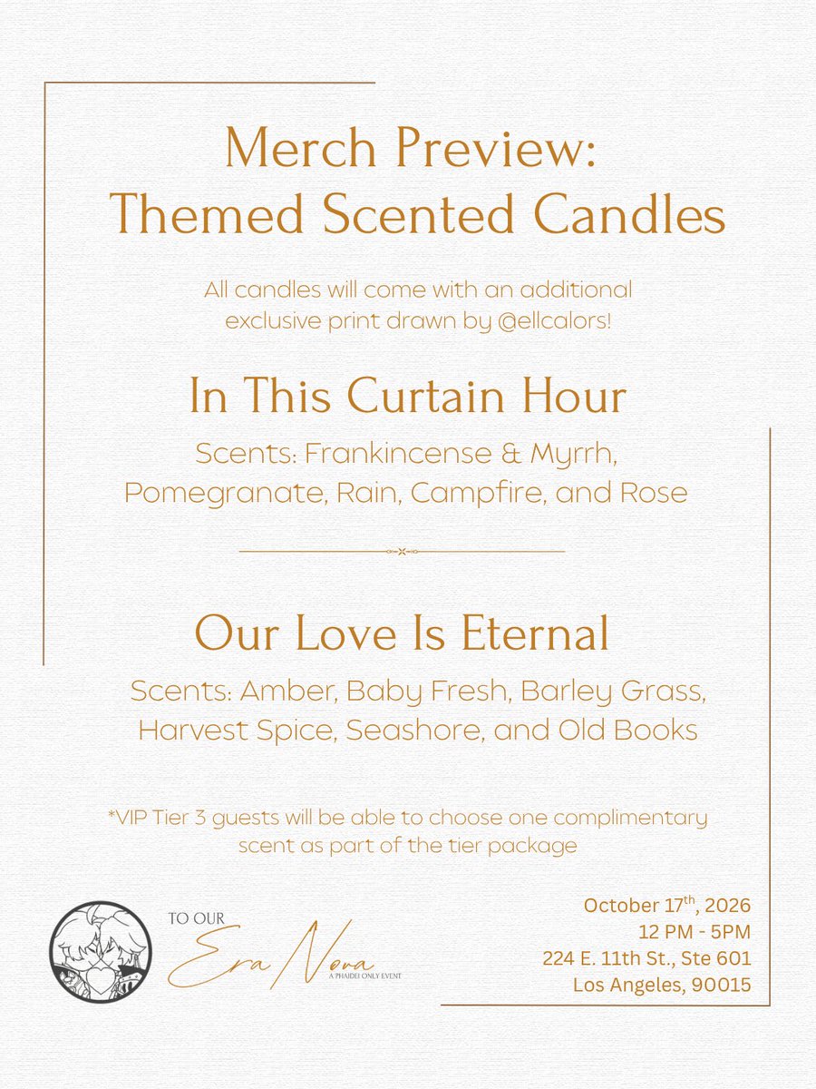 Phaideisocal's tweet photo. Time for our next merch preview! Special themed candles will be available closer to the event for preorder and our VIP3 guests get one of their choice in their merch bag! Each candle will come with a special print as well! More details about preorders to come! https://t.co/g8IfftQXBx
