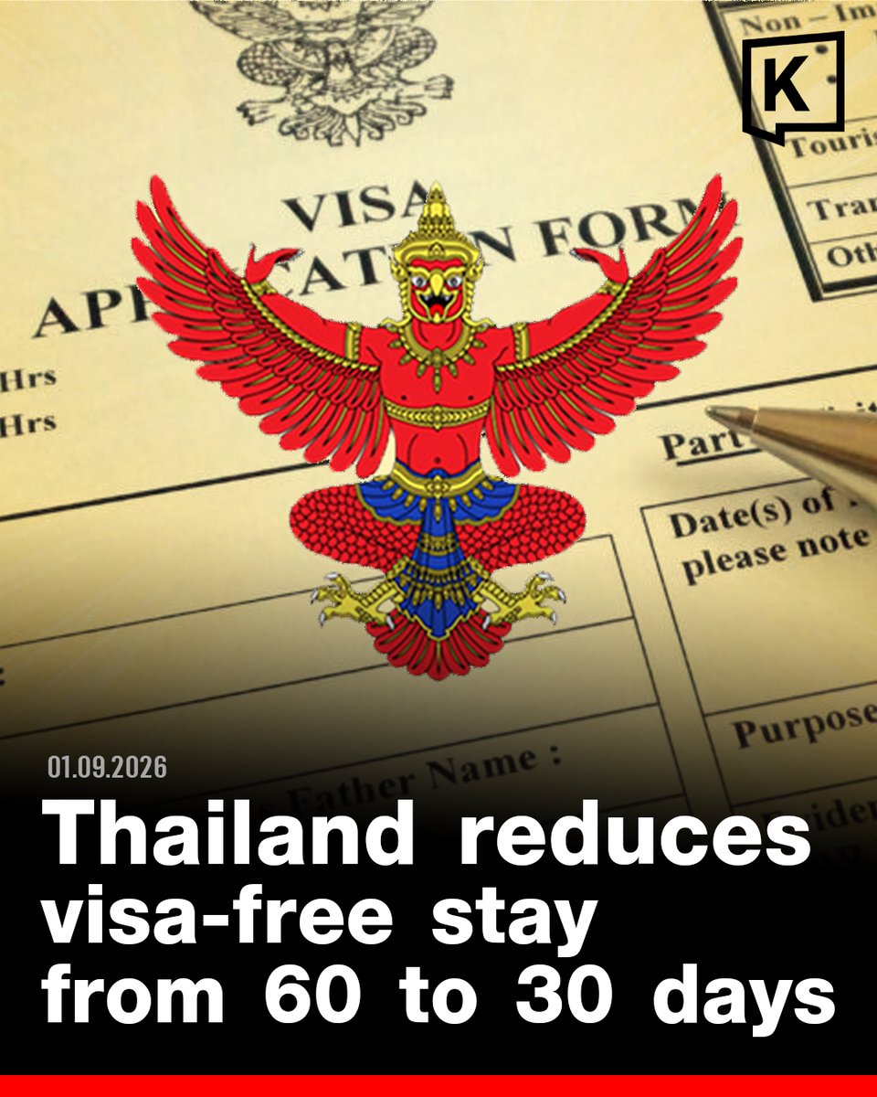 KhaosodEnglish's tweet photo. Thailand has revised its visa exemption rules, cutting the maximum visa-free stay for eligible tourists from 60 days to 30 days.

Citizens of 60 countries and territories will be allowed to enter Thailand visa-free for tourism and stay for up to 30 days, while visitors from Seychelles and Mauritius will be allowed to stay for up to 15 days.

The new rules will take effect on 15 September 2026, 15 days after their publication in the Royal Gazette.

#Thailand #VisaFreeTravel #Tourism
