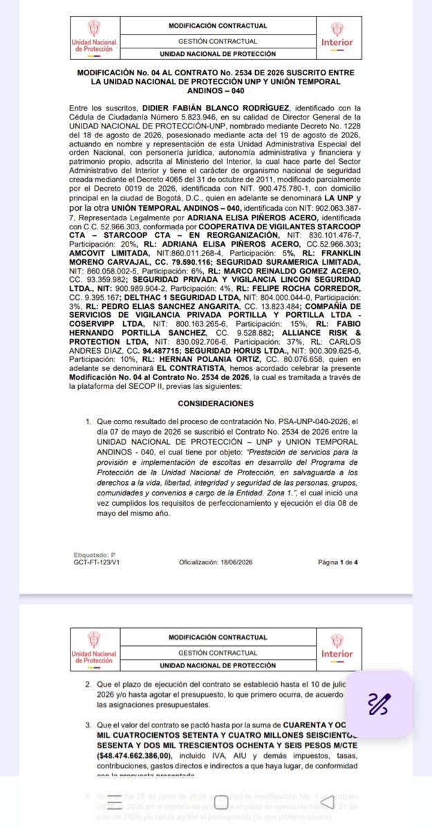 poloche2011's tweet photo. Gracias por su gestión Director @DidierblancoR. @UNPColombia

✅Contrato 2534 de 2026, Zona 1, vence el 6 de septiembre de 2026

✅Contrato 2645 de 2026, Zona 2, vence el 15 de septiembre de 2026.

✅Contrato 3431 de 2025, Zona 3, vence el 6 de octubre de 2026. 
. https://t.co/gv1wKuVALV