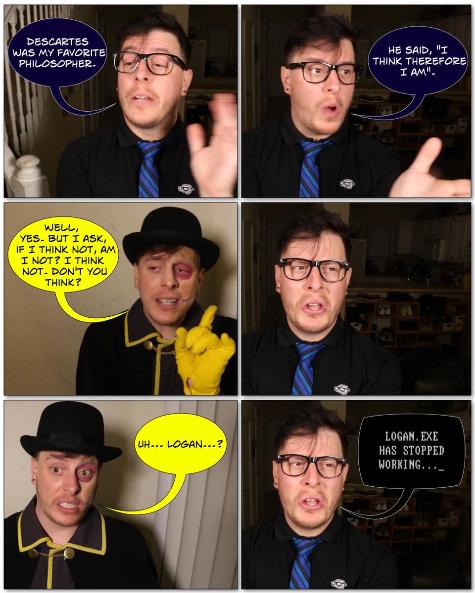 manbemel's tweet photo. I Think, Therefore I Am. Adapted from an incorrect quote.
#thomassanders #sanderssides #sanderssidesincorrectquote #sanderssidesphotocomic #logansanders #janussanders https://t.co/JBtsm502YJ