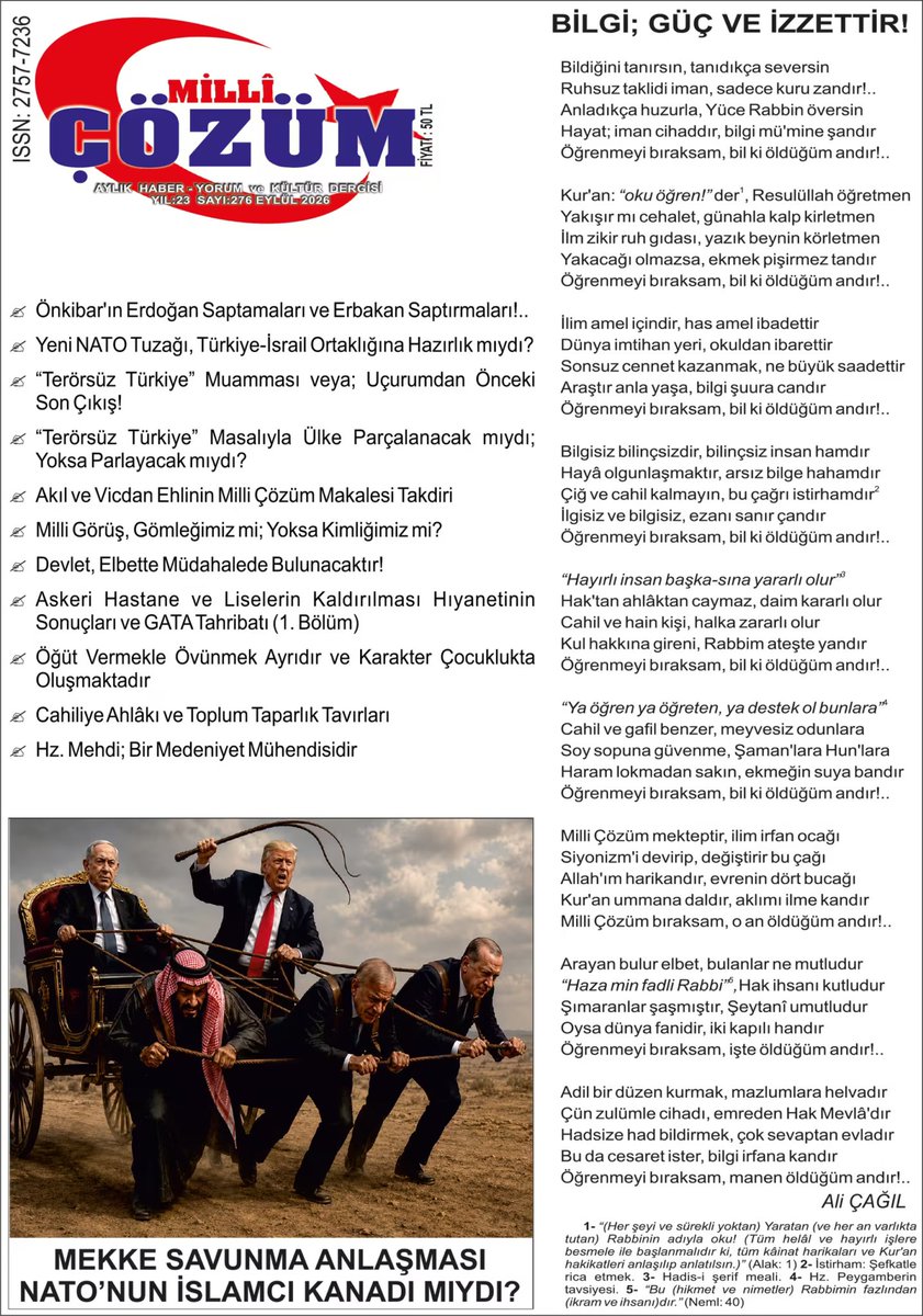 ustatahmetakgul's tweet photo. MİLLİ ÇÖZÜM DERGİSİ 276. SAYISI (EYLÜL 2026) ÇIKTI. https://t.co/fQFBoSqQ5w https://t.co/adGf1arBo4