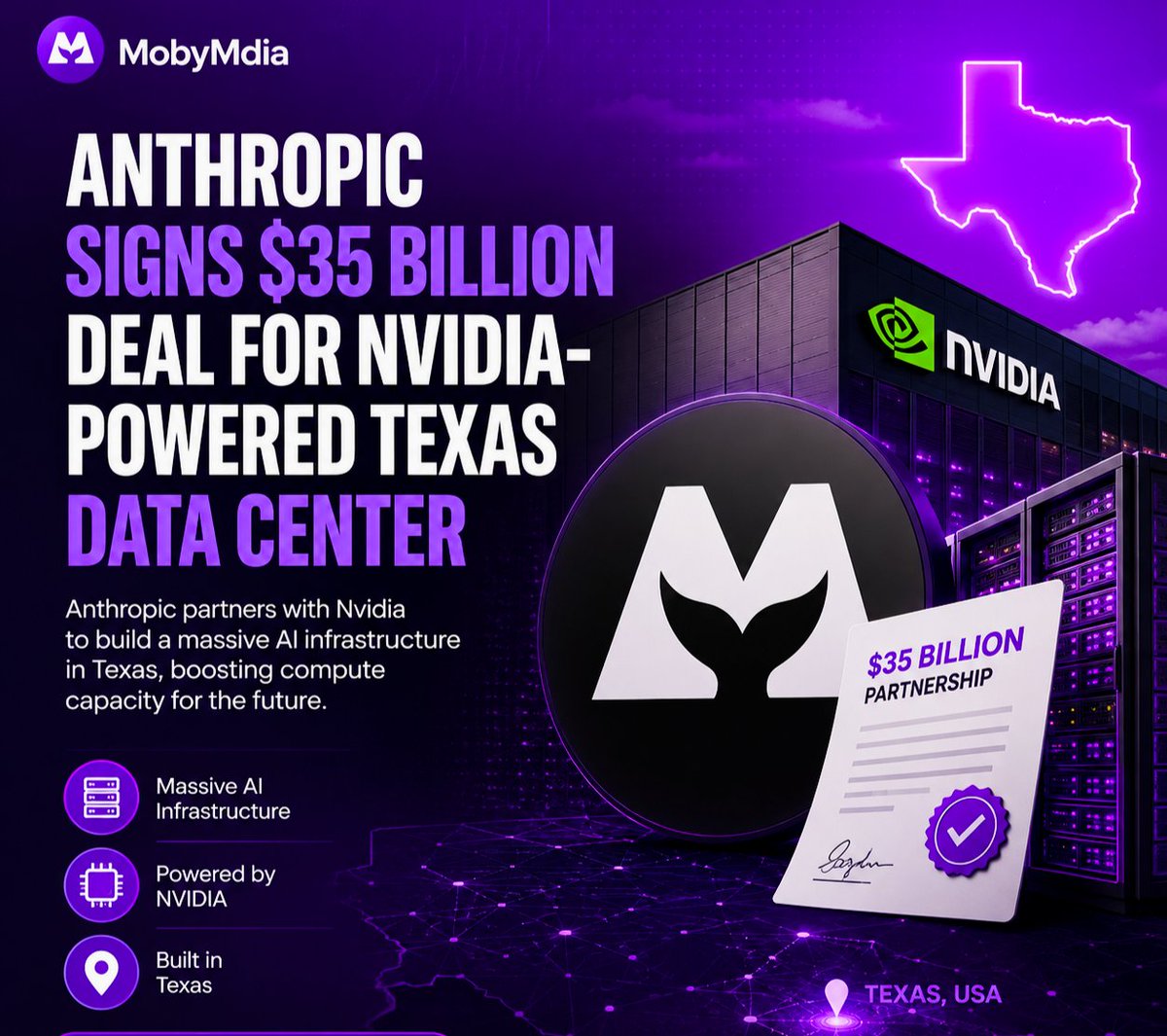 mobymedia's tweet photo. Anthropic is making a massive move into AI infrastructure.

The company has reportedly signed a $35B deal for an NVIDIA-powered data center in Texas.

The AI compute race is getting bigger, faster, and more expensive. https://t.co/wxnUfETleq