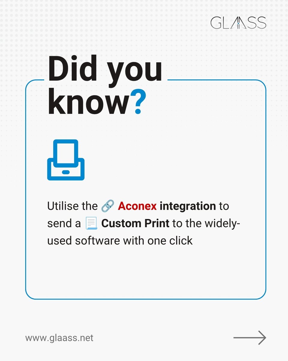 GlaassSoftware's tweet photo. DID YOU KNOW ❓

If the Glaass standard print format does not suffice, users can send a Custom Print to Aconex using our Glaass-to-Aconex Integration. Custom prints can also be included in Binders that are sent to Aconex using the integration 🔗 https://t.co/um4ML6vHto