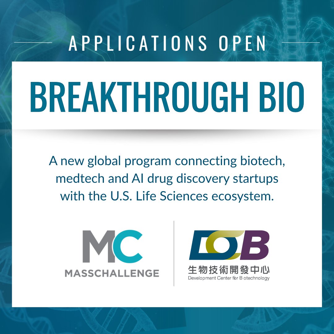 MassChallenge's tweet photo. Great science is being created everywhere. Access is not.

That's why we created Breakthrough Bio.

Applications now open for Breakthrough Bio Taiwan, from MassChallenge + @DCBTaiwan, helping biotech innovators build a path into the U.S. market.

Apply: https://t.co/pJVgHHvhWV https://t.co/K83DPB0kmY