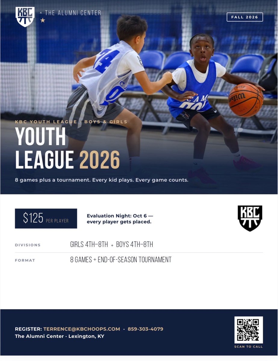 kbchoops's tweet photo. 🏀🔥 WE’RE BACK!! 🔥🏀

KBC Hoops returns this fall at The Alumni Center in Lexington!

🏆 Fall Team League
Boys 3rd–8th + HS | Sept. 14–Oct. 22

⭐️ Youth League
Boys &amp; Girls 4th–8th | 8 Games + Tournament

📧 Terrence@KBCHoops.com
📲 859-303-4079
Bring your squad.LET’S HOOP!🔥 https://t.co/5jCHLwRuRw
