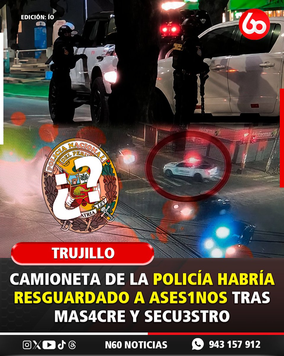 N60Noticias's tweet photo. Nuevas imágenes difundidas por Beto a Saber muestran a un vehículo oficial de la Policía Nacional circulando por la misma ruta que siguieron la camioneta del empresario Jens Lara Tantaquilla y el vehículo en el que se movilizaban los autores del secuestro y la masacre de sus cuatro acompañantes.

Según las grabaciones, el patrullero se encontraba en el cruce de la prolongación Fátima con la avenida César Vallejo y, tras cambiar la luz del semáforo, avanzó detrás de ambos vehículos. El general Víctor Revoredo señaló que la PNP no encubrirá a ningún efectivo que resulte vinculado al caso. Las autoridades deberán determinar si la presencia del vehículo policial tuvo relación con los hechos.

#N60Noticias #Trujillo #PNP #JensLara #Masacre #Secuestro #VíctorRevoredo #LaLibertad