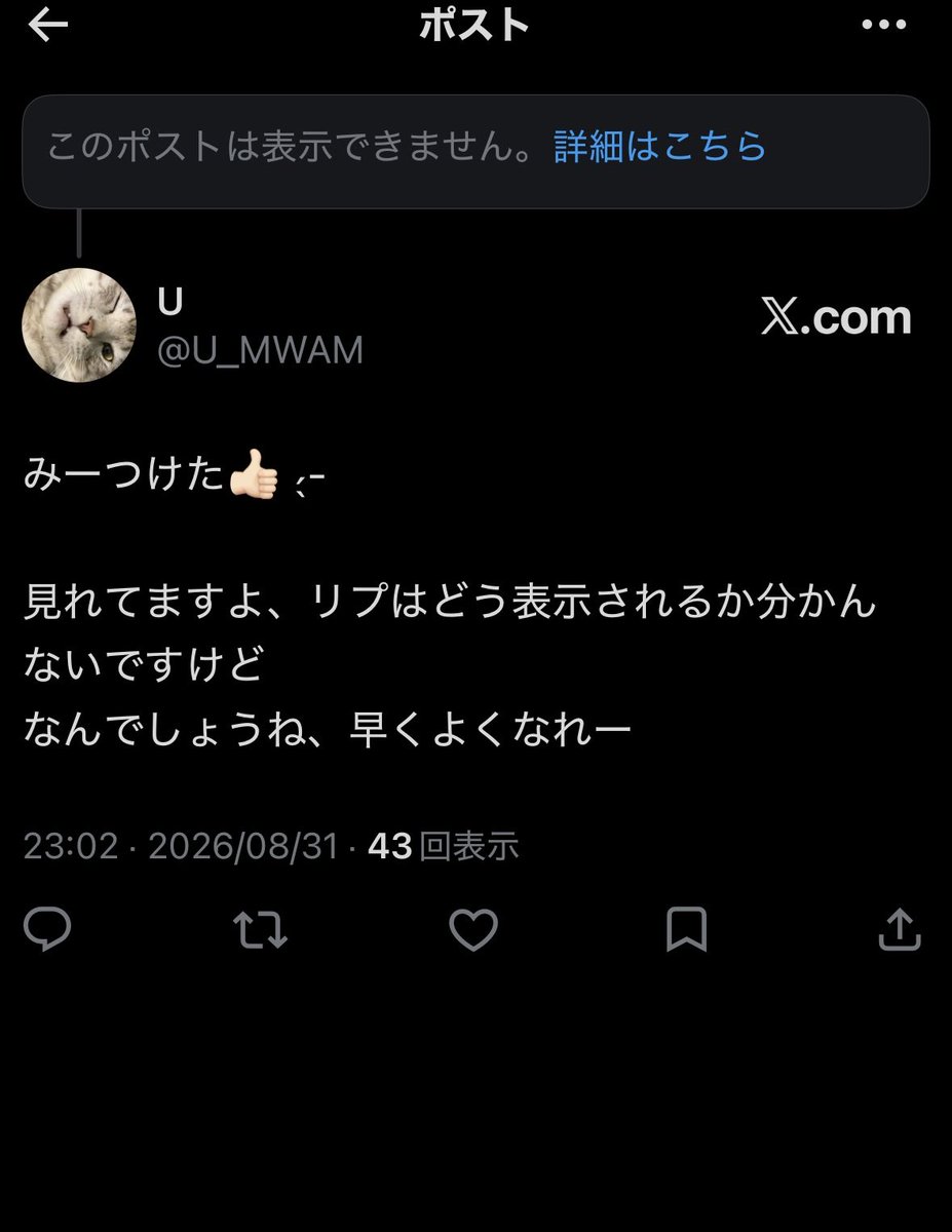 U_MWAM's tweet photo. @akgyyw110 通知きてない＆表示されてなくて、自分のポストのところからリプ欄で確認すると見れるけど、
元ツイ、｢表示できません｣ってなってるし、リプはなかった事になってる…
(このリプは届いてる？) https://t.co/CVh4oyar5H