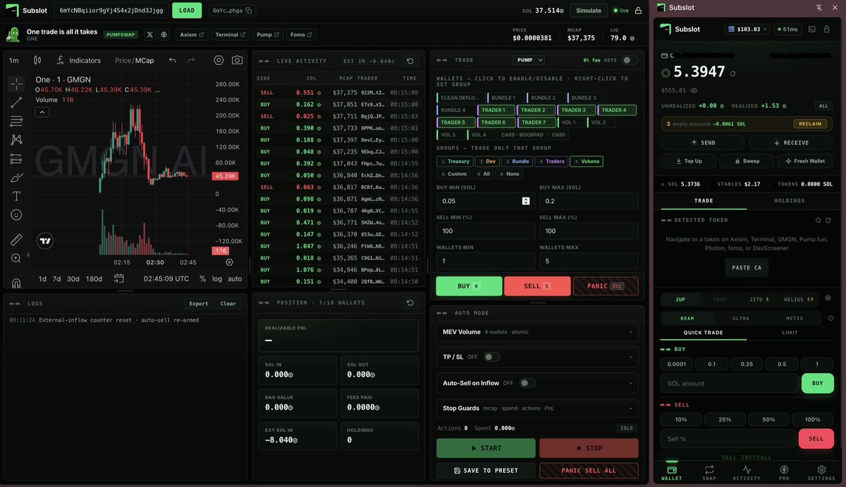 SubslotPro's tweet photo. // manage a fleet of up to 50 wallets
// jito atomic bundles &amp; snipers
// custom pumpfun launches
// mev volume, automated volume cycling
// real-time pnl, auto-sell on inflow
// gRPC feed - see who's buying, instantly
// 90% cashback on every trade

coming soon to subslot 🟩 https://t.co/kcxGHDlpeJ