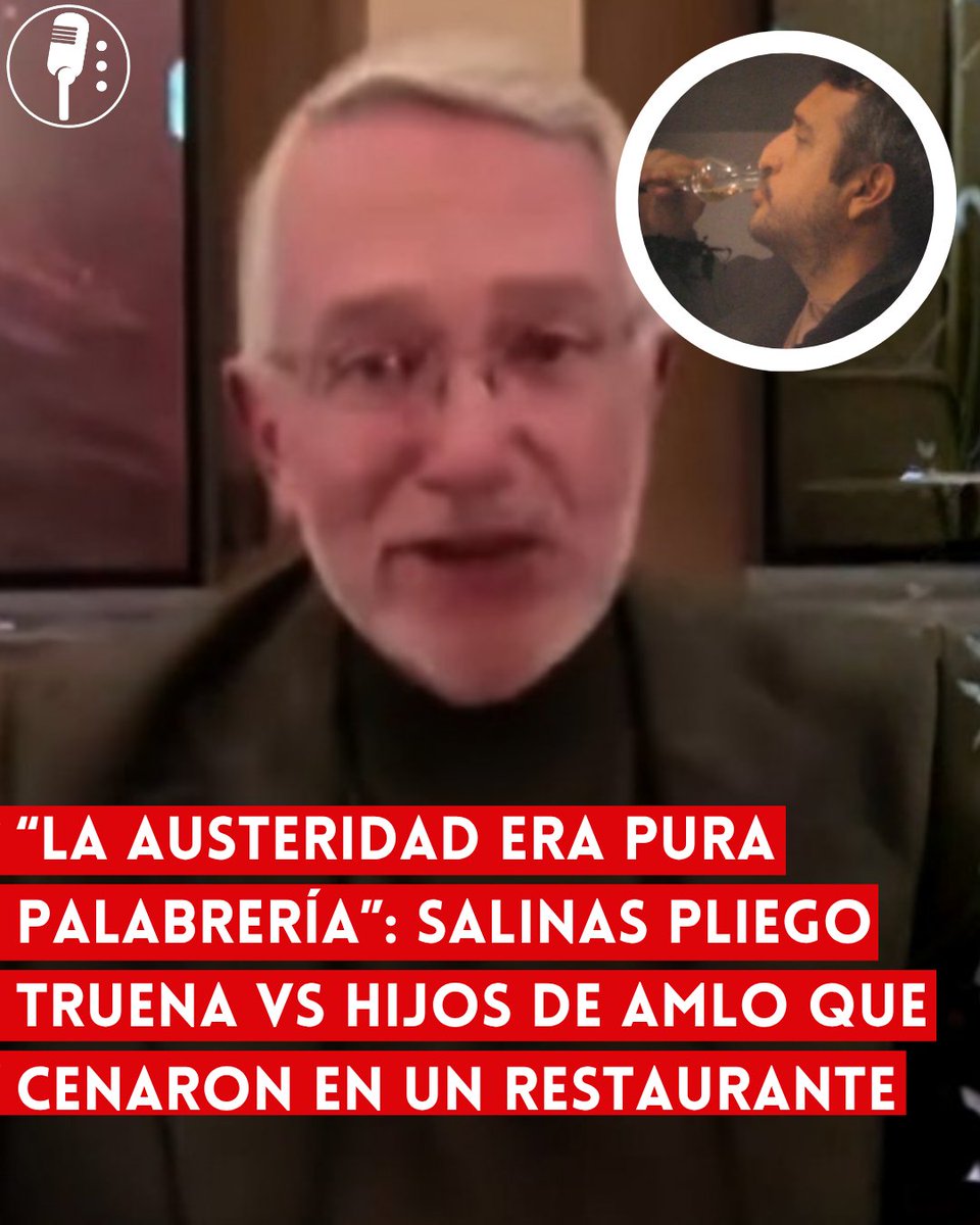YosoyPedrero's tweet photo. 🚨OJO: “LA AUSTERIDAD ERA PURA PALABRERÍA”: SALINAS PLIEGO TRUENA VS HIJOS DE AMLO QUE CENARON EN UN RESTAURANTE

Ricardo Salinas Pliego volvió a arremeter contra los hijos del expresidente Andrés Manuel López Obrador luego de que circularan imágenes de una cena en un restaurante. El empresario aprovechó las fotografías para cuestionar el discurso de austeridad que caracterizó al gobierno de López Obrador y llamó a los mexicanos a “despertar”.

El episodio fue utilizado por Salinas Pliego para alimentar sus críticas contra el proyecto político de la llamada Cuarta Transformación. En redes sociales, el empresario puso bajo cuestionamiento que los hijos del expresidente acudan a restaurantes y consuman bebidas en copas, presentándolo como una contradicción frente al discurso de austeridad promovido desde el gobierno.

Sin embargo, una cena privada y el consumo de una bebida no constituyen por sí mismos una prueba de corrupción o de un uso indebido de recursos públicos. El señalamiento del empresario se mantiene en el terreno de la crítica política y sirve para alimentar la narrativa de quienes buscan desacreditar a la familia de López Obrador.

Salinas Pliego, uno de los empresarios más activos en sus ataques contra la Cuarta Transformación, volvió así a utilizar un episodio cotidiano para intentar convertirlo en un argumento político. Mientras cuestiona el consumo privado de los hijos de AMLO, sus críticas abren nuevamente el debate sobre el doble rasero con el que algunos sectores empresariales juzgan los gastos y estilos de vida de figuras públicas según sus intereses políticos.