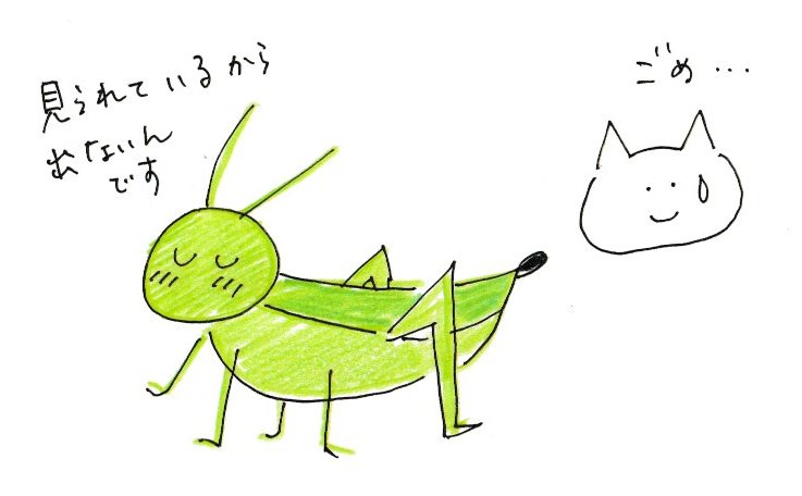 kanpogenkidou's tweet photo. ベランダのしそ付近にたたずむバッタ
よく見ると
おしりの先に黒いものがついている
「あ、ふんしてる」
が、なかなかおしりから離れない様子
便秘かしら
外に出てるから便秘ではないのか
最後におしりをキュッと上にあげ終了
バッタってそうな風にふんをするのね https://t.co/jxh2wpCbRP