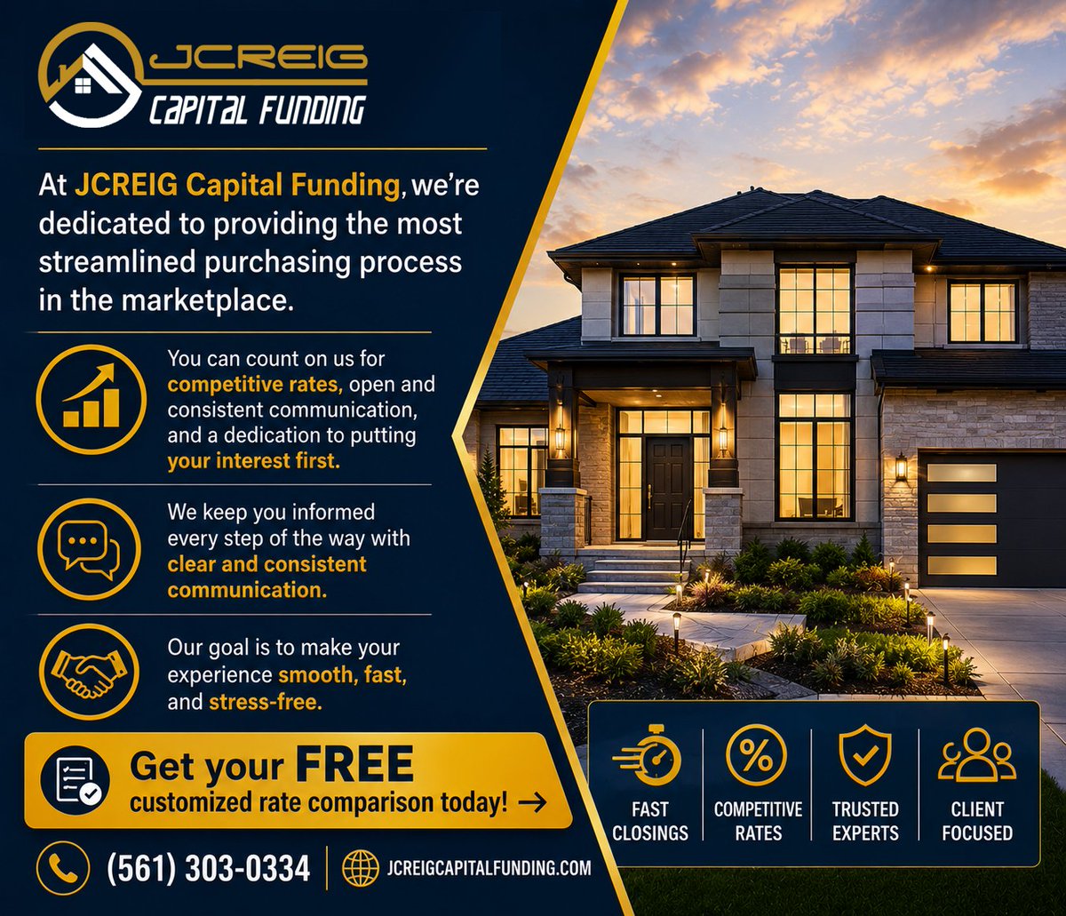 jcreigcapital's tweet photo. 🏡 Your Next Property. Your Next Opportunity. Your Next Closing.  

👉 Get your FREE customized rate comparison today!      https://t.co/7KGNF549Dq 

#PrivateMoney #HardMoney #FixAndFlip #DSCRLoans #ConstructionLoans #RealEstateFinance #RealEstateFunding #Investors https://t.co/76bA0Qd9Qj