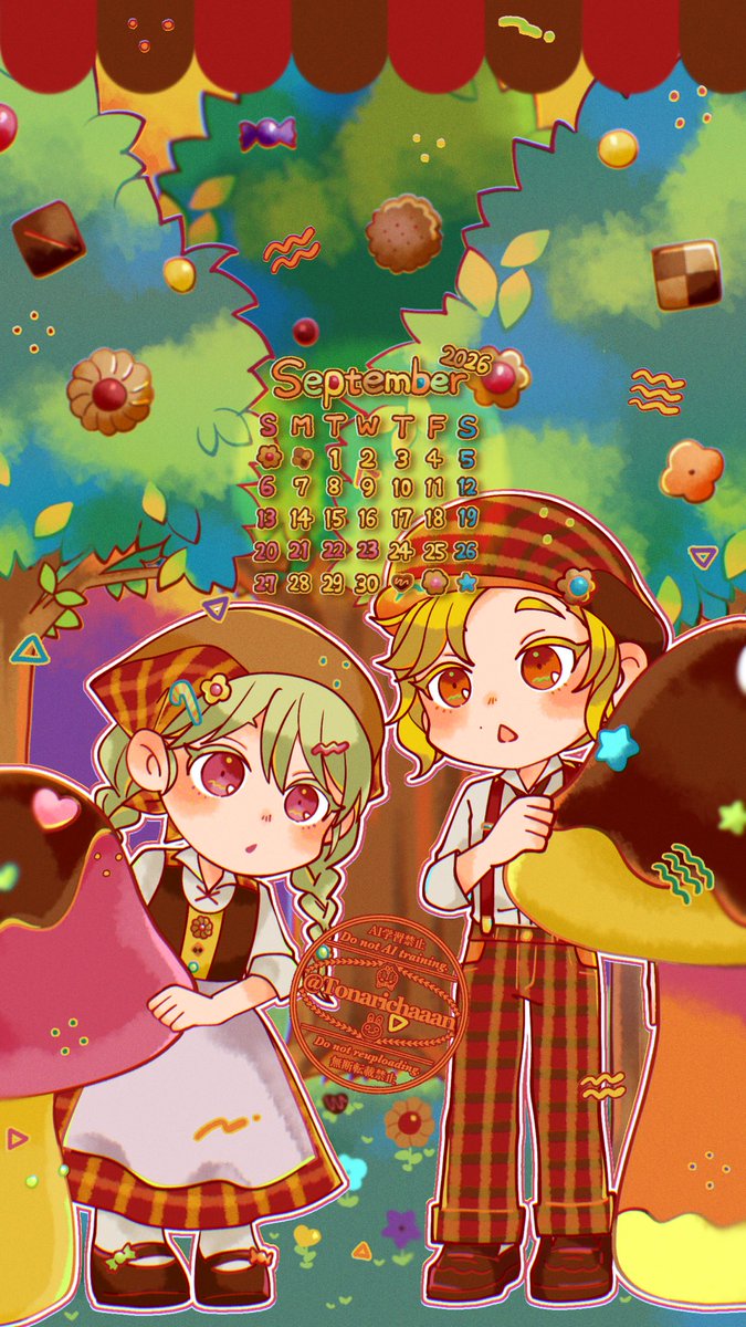 Tonarichaaan's tweet photo. ▼9月カレンダー配信〜🍄🍪🍬
今月は秋色×ヘンゼルとグレーテル風となりちゃんです！お菓子な森をイメージしました🌳
もう9月！あっという間すぎる…😳
#September
#9月カレンダー
#calendar https://t.co/kgCmrHNPdt
