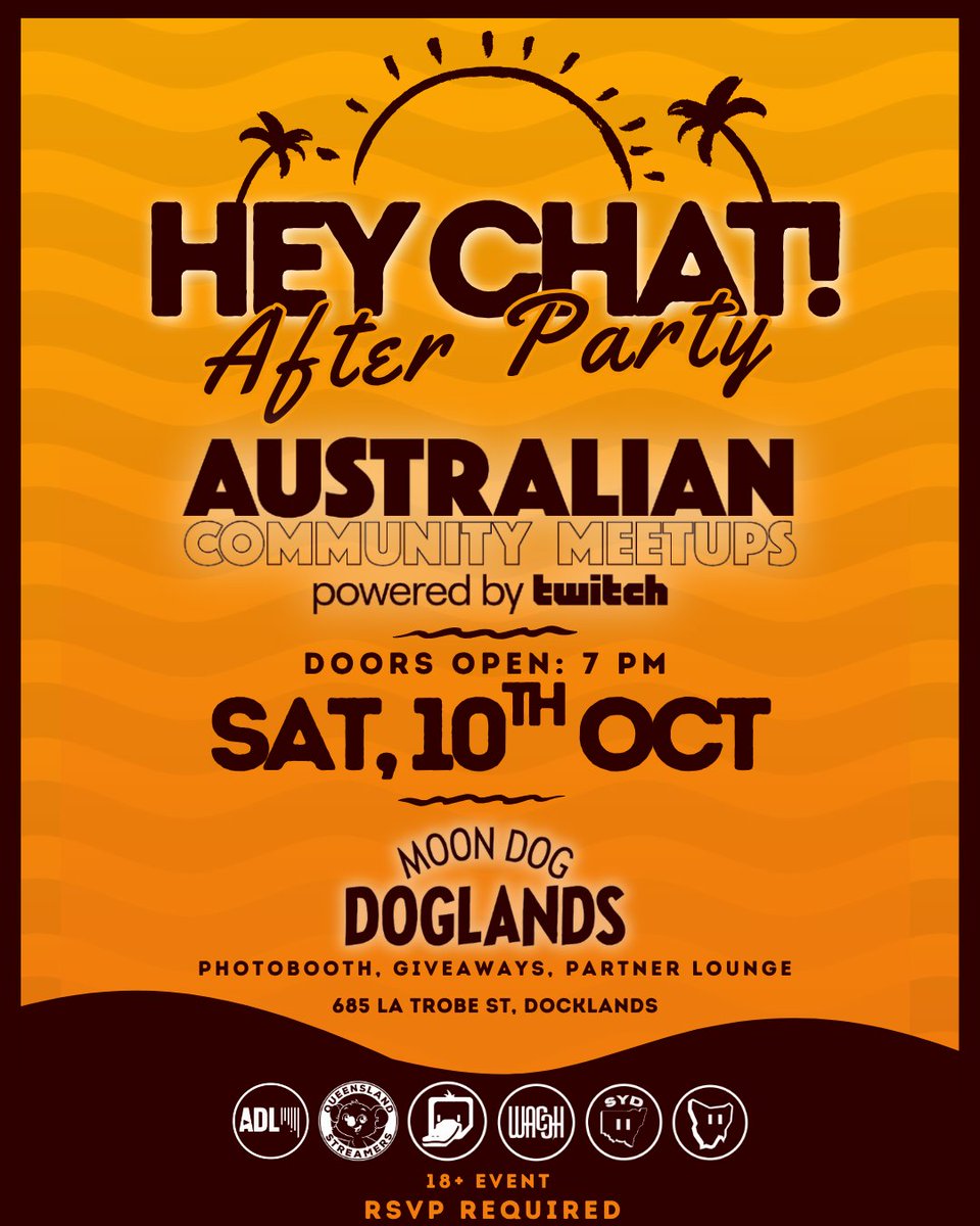 TwitchAdelaide's tweet photo. HEY CHAT! We are BACK! Hosting the BIGGEST @Twitch_ANZ meetup EVER!

There'll be DJ's + Photo Booth + Retro Arcade + Giveaways + Partner Lounge

📅  : Sat, 10th Oct
 ⏰ : 7PM - Midnight
 📍 : Moondog Doglands

Tickets available: Thur, 10th Sep @ 12PM (AEST)

See you there! 💜 https://t.co/Jh4wM4zvEf