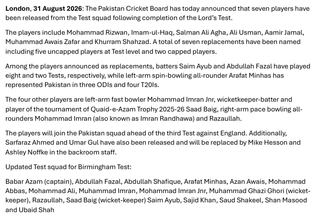 lightningspeedk's tweet photo. Pakistan Cricket board announcement!
7 players and 2 coaches replaced/dropped/sacked.
#ENGvPAK #PakistanCricket #BabarAzam https://t.co/UyE391NwRY