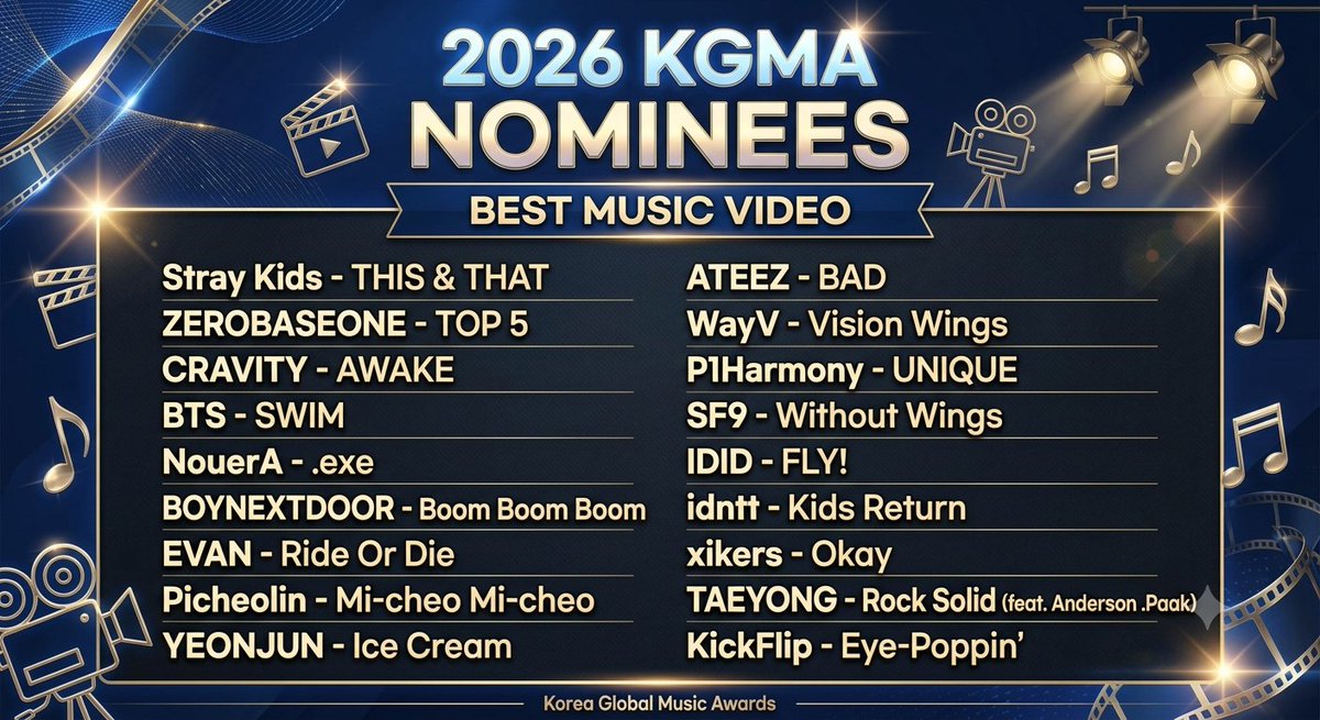 kbgmedia's tweet photo. Nominees for "Best Music Video" at 2026 KGMA https://t.co/LGtXuUW7DT