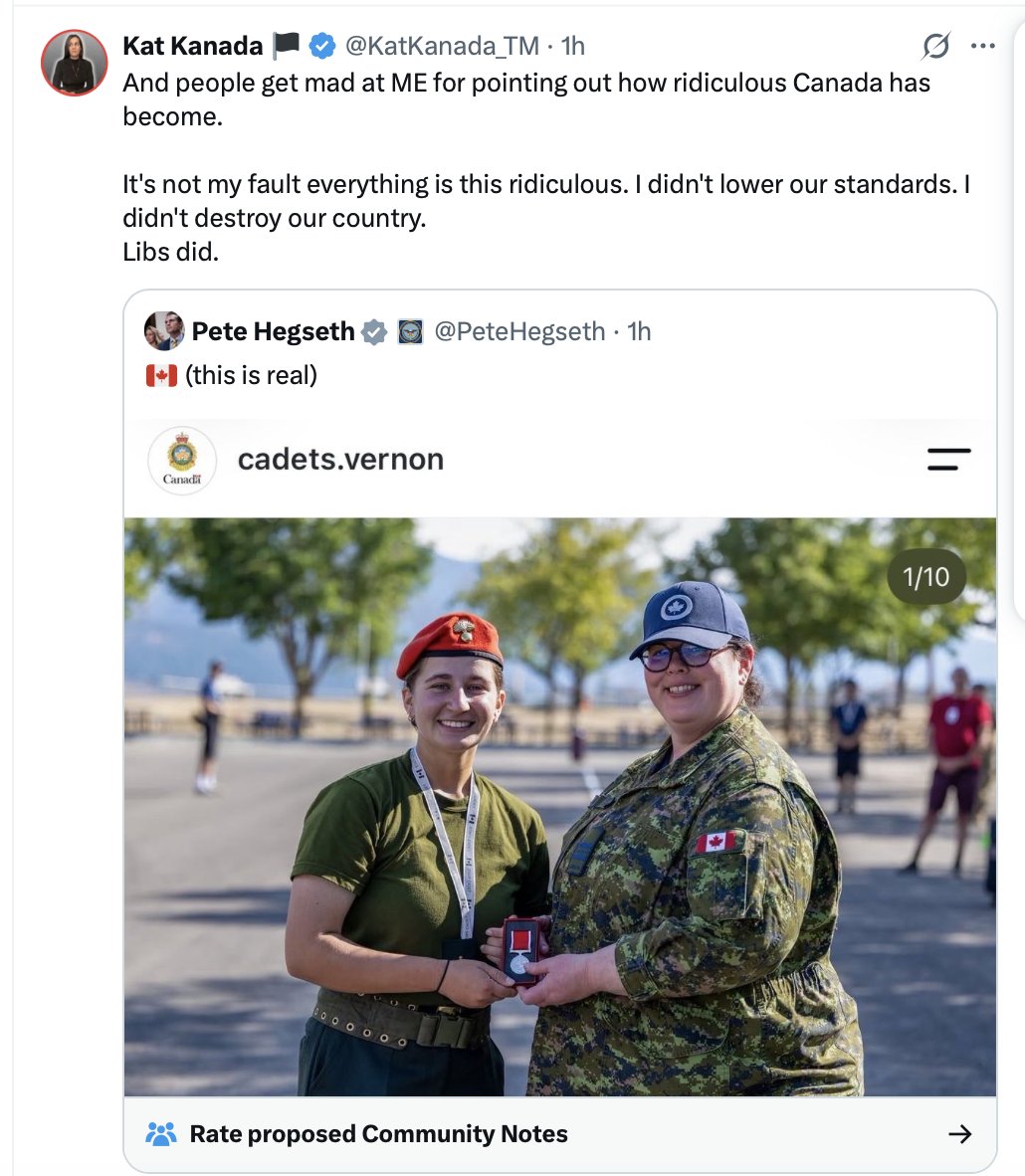 rupasubramanya's tweet photo. You can usually count on @PierrePoilievre’s chosen influencers, also enthusiastically elevated by the Conservative ecosystem to be somewhere nearby when Canada is being denigrated. But even I didn’t expect young Canadian cadets and Canadian Armed Forces which has fought alongside its allies in wars to become fair game.