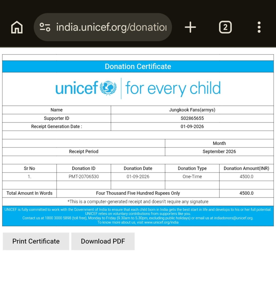 Jungkook__INDIA's tweet photo. JK DAY 2026 PROJECT 01

We've donated ₹4.5k (total of 9k) to both the organisations. I've included everyone's contribution towards this project🫶🏻💜
Thank you so much everyone for your contribution and making it possible!!! https://t.co/btOsOtZVKM