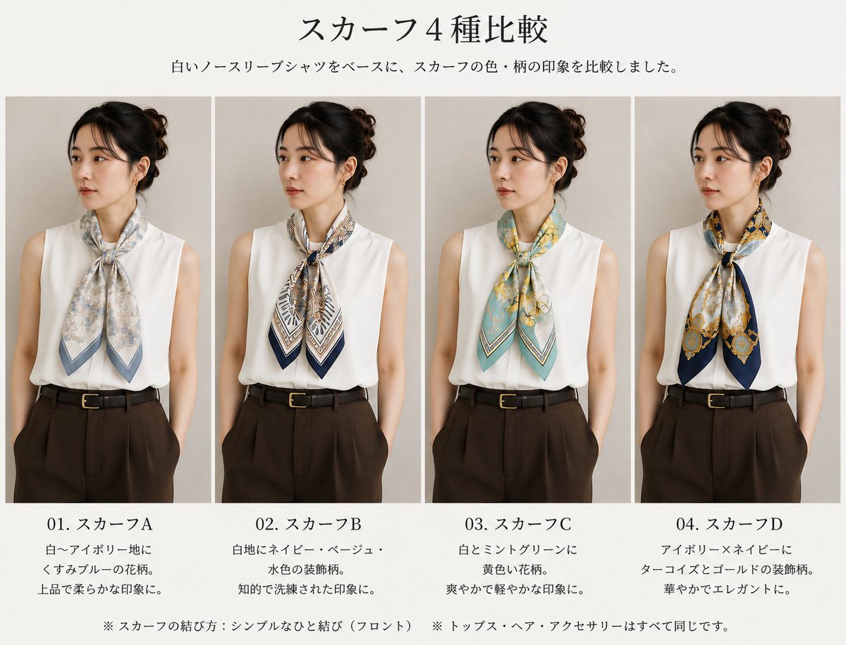 ponzu_0423's tweet photo. 買おうとしてるものが手持ちの服と合うか調べるのにAIを使うと便利
スカーフとベルトでやってみたんだけど、めちゃくちゃ着用イメージしやすくて助かる https://t.co/8u9ewVmIuH