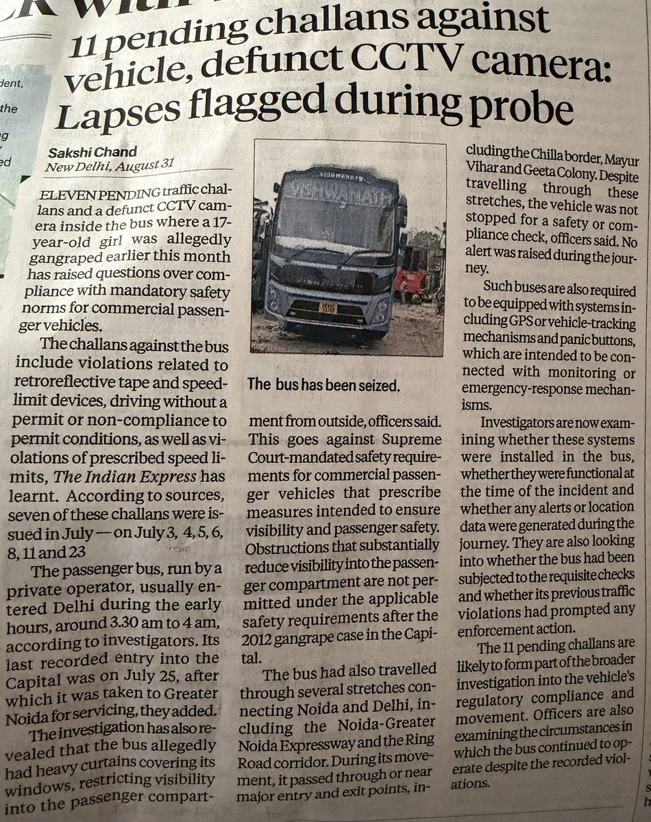 RuchiraC's tweet photo. The bus in which 16 year old was gangraped in Delhi had

11 pending challans, a defunct CCTV camera, heavy curtains restricting visibility which is a violation of Supreme Court mandated safety norms.

BJP in Centre, BJP in state. This is how serious they are about women safety! https://t.co/CzwMYxFiNa