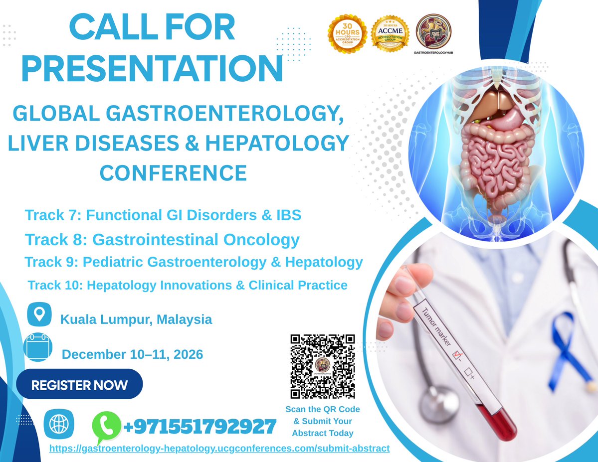 NShehla94509's tweet photo. CALL FOR PRESENTATION
 Global Gastroenterology, Liver Diseases &amp; Hepatology Conference
 December 10–11, 2026
 Kuala Lumpur, Malaysia
https://t.co/IisNlsnLrC
#HepatologyConference #Gastroenterology #LiverDiseases #Hepatology #GIOncology #IBS #PediatricGastroenterology https://t.co/ZcLHjklEaT
