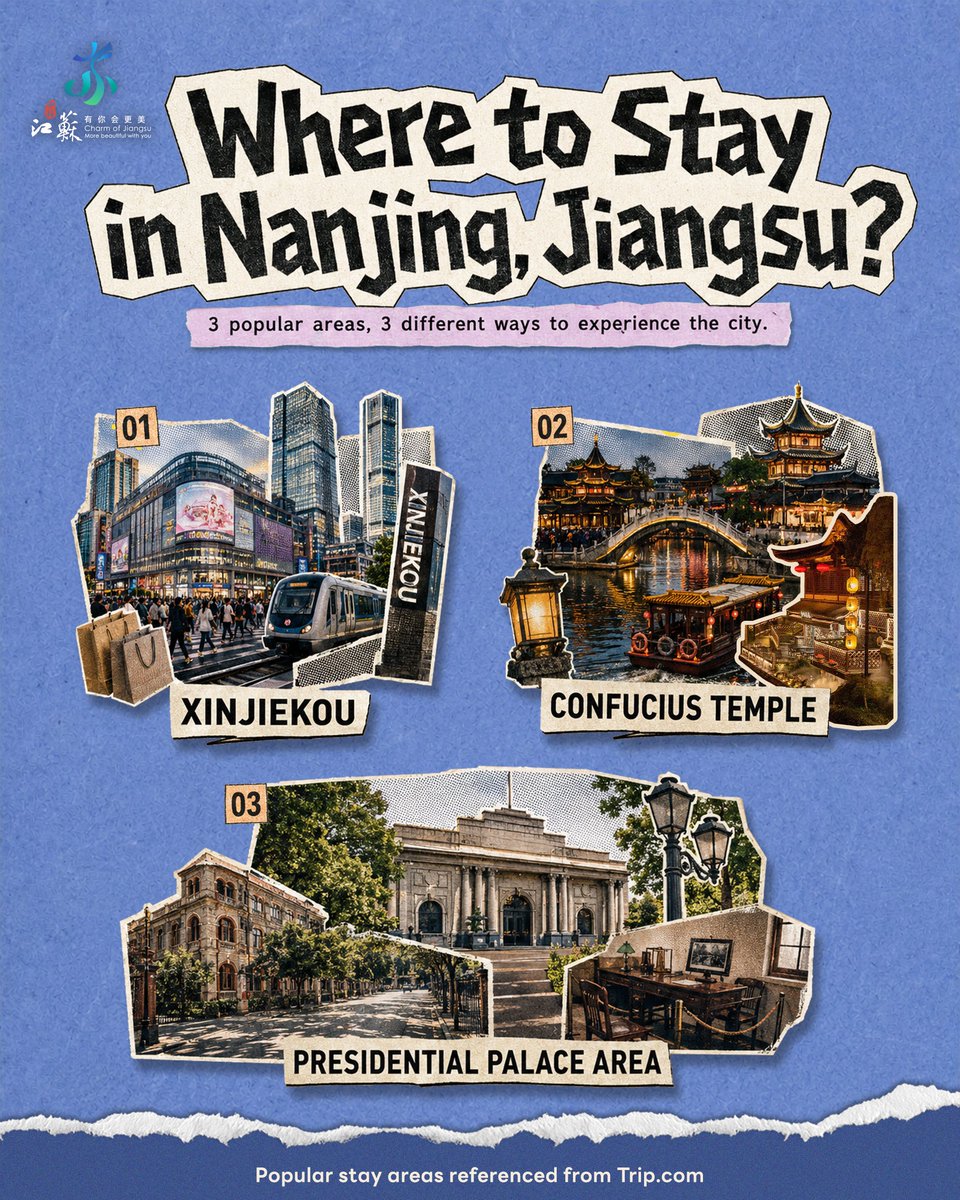 VisitJiangsu's tweet photo. Planning a stay in Nanjing, Jiangsu?
Start by picking the area that fits your travel style:
Xinjiekou — Shopping Hub
Confucius Temple / Qinhuai River Scenic Area — Cultural Heart
Presidential Palace Area — Historic Quarter
Which area would you choose? https://t.co/wOGJF6wbZy