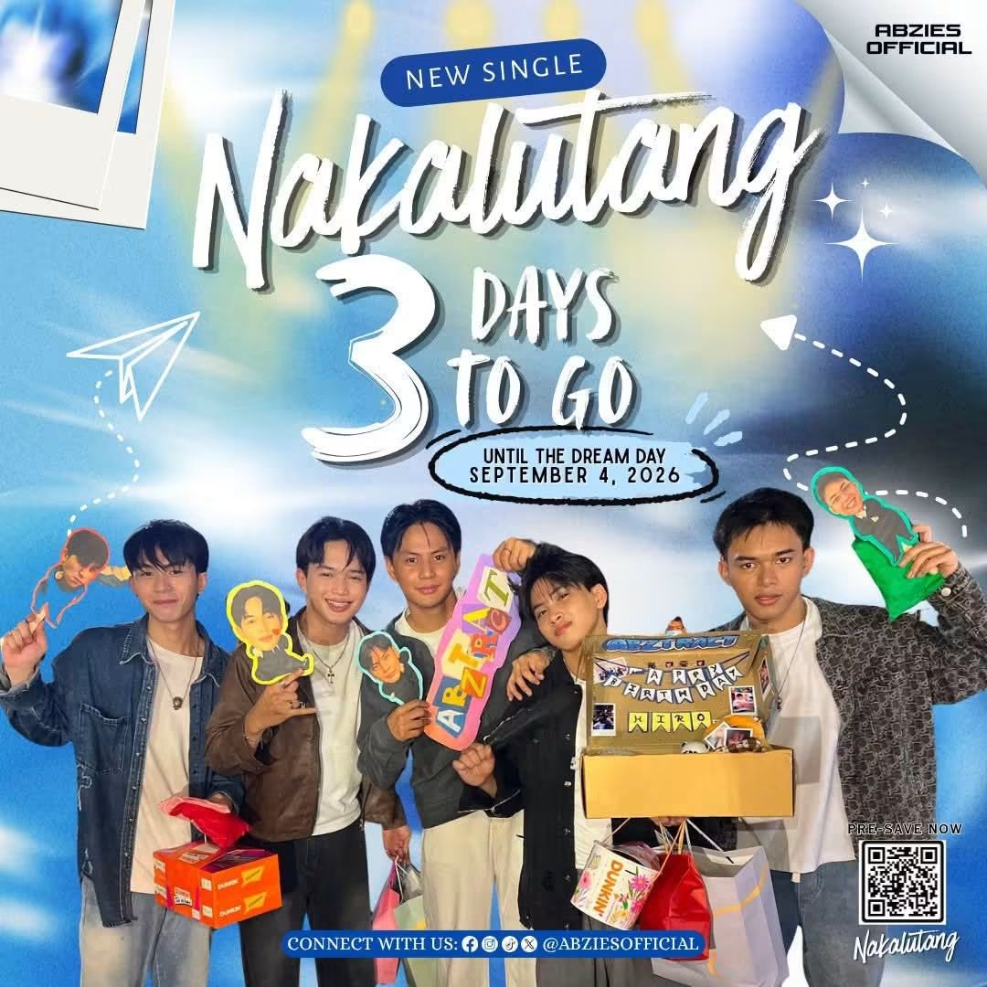 AbZiesOFC's tweet photo. 3 DAYS TO GO, ABZIES! 🥳

Konting tiis na lang malapit na tayong lumutang! 😵‍💫🎶
September 4, sabay-sabay nating salubungin ang bagong era ng ABZTRACT with “NAKALUTANG”! 🚀🔥

🎧 PRE-SAVE NOW:
https://t.co/pfcyUuqqim

#ABZTRACT #AbZtractNakalutang #AbziesOfficial https://t.co/JYr3dKGHMI