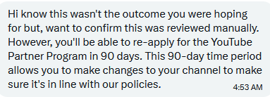 PhantomStrider's tweet photo. UPDATE @TeamYouTube says my 12-year archive was "reviewed manually" and the entire channel REMAINS DE-MONETIZED. They still can't name a single video that's a problem. Why destroy a whole channel's livelihood instead of just flagging the specific video that's an issue?Worth this? https://t.co/l8u6TdhLYt