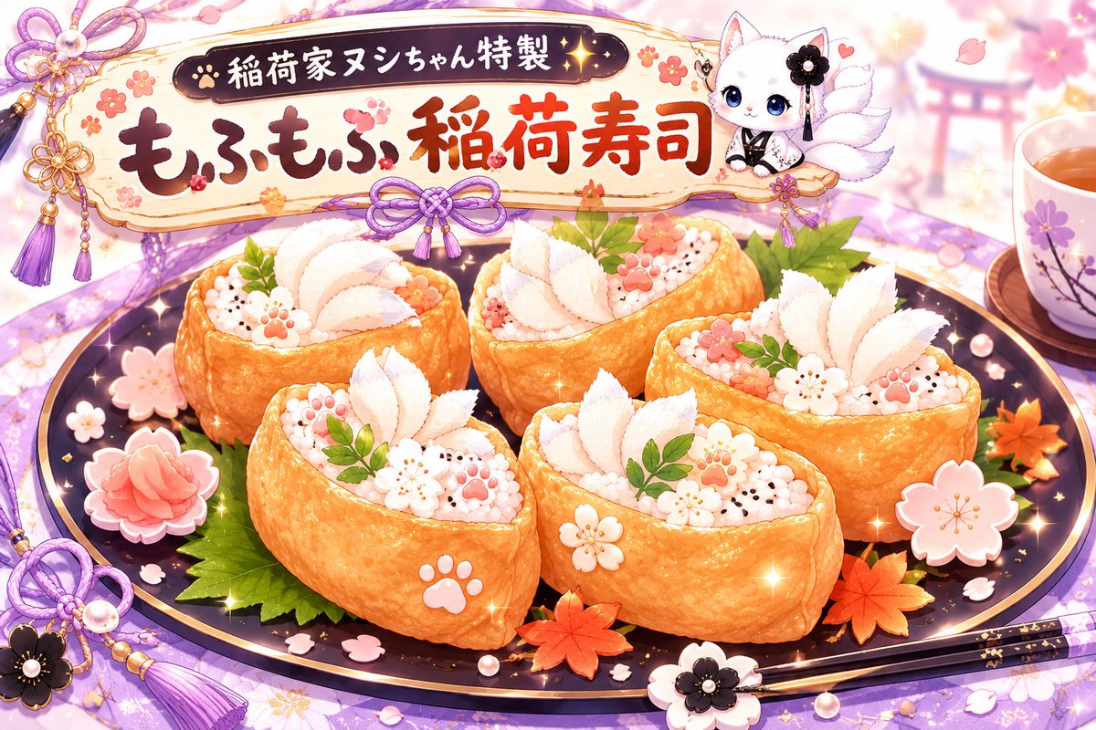 AoiIto3150's tweet photo. 稲荷家⛩本日のお昼ごはん🐾
白狐丸が大好きな甘いお揚げさんに白ごまと黒ごまを加えて混ぜた酢飯を詰め、白狐丸の尻尾をイメージした新生姜を添えて…✨
上に乗ってる肉球やお花はカマボコです（　¨ 🍥）
お昼ごはんにどうぞ🦊💕︎
 #AIart  #稲荷家 https://t.co/rQM6sQk9Dt