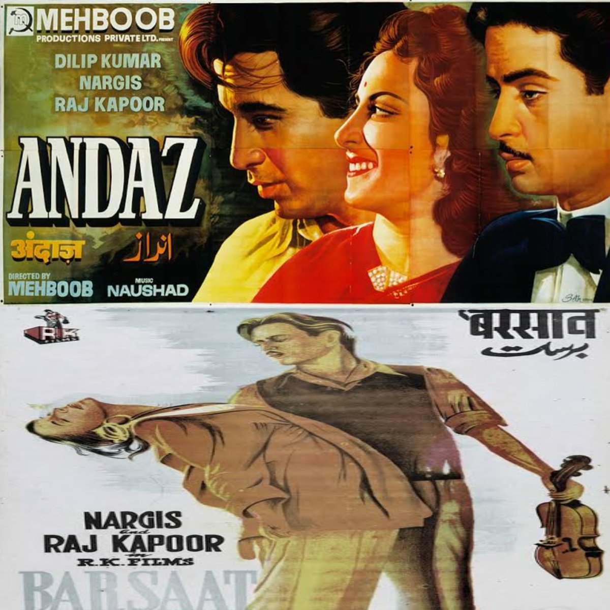 FilmyIndiaBO's tweet photo. Raj Kapoor and Nargis already did it in 1949!

Barsaat and Andaz - not only were All Time Grossers but also ended as Top 2 Grossers Of Whole 1940s Decade with Record Footfalls https://t.co/naUf8t5ea5