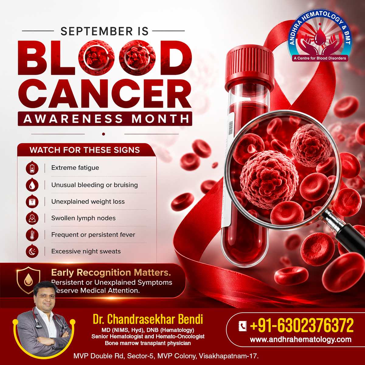 drchandru_hemat's tweet photo. **September is Blood Cancer Awareness Month.** ❤️🩸 Early recognition can make a difference. 

👨‍⚕️ **Dr. Chandrasekhar Bendi**
Senior Hematologist &amp; Hemato-Oncologist | Bone Marrow Transplant Physician
📞 +91-6302376372
🌐 https://t.co/f4ikGInX13
#BloodCancerAwarenessMonth https://t.co/Db4mg2aAGW