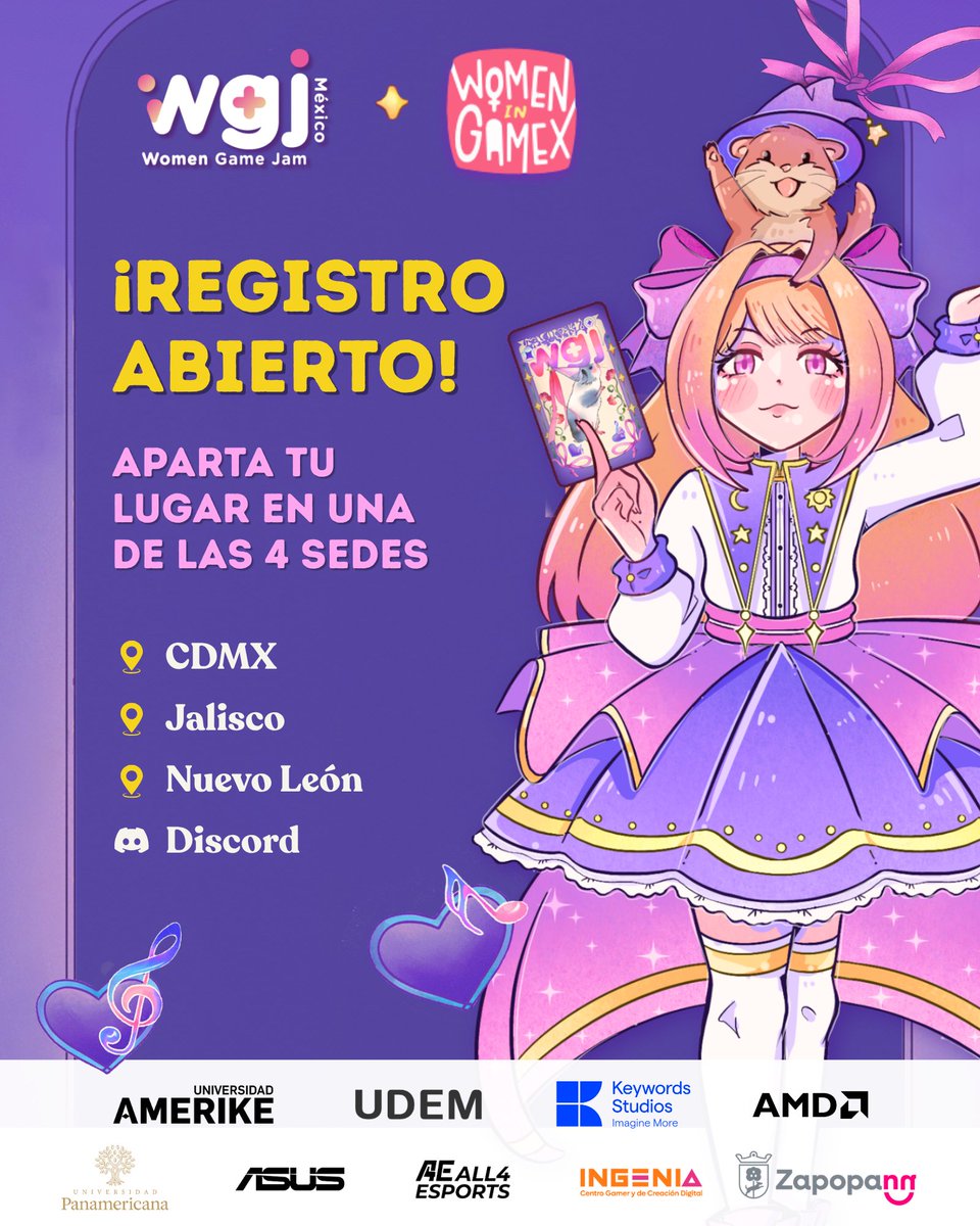 WomenInGamex's tweet photo. ✨ ¡Las inscripciones para la #WGJ2026 YA ESTÁN ABIERTAS!

📅 16–18 de octubre
📍 CDMX, Jalisco y Nuevo León
💻 O participa online por Discord
No necesitas experiencia, saber programar ni tener equipo. 💜
🎮 Regístrate gratis: https://t.co/grshBqbuU1

#JuntasCambiamosElJuego https://t.co/MiEIPigCDq