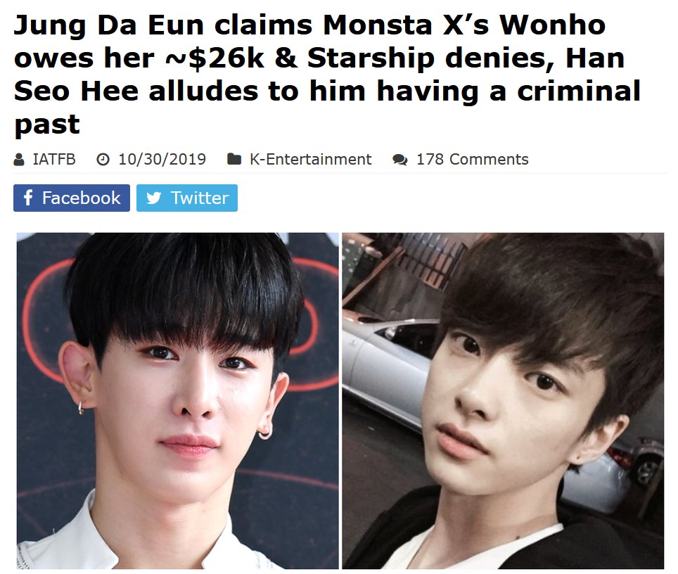 mariniste's tweet photo. Bang PD also hired HSH's girlfriend, Jung Da Eun (JDE), to sabotage Monsta X in 2019.

HSH and JDE started a joint smear campaign the day after Monsta X's comeback. Their allegations against Wonho and Shownu were eventually cleared up, but Wonho had already left the group and the group's career trajectory suffered.

This was timed to occur right as Monsta X were poised to cross over into the US market.
