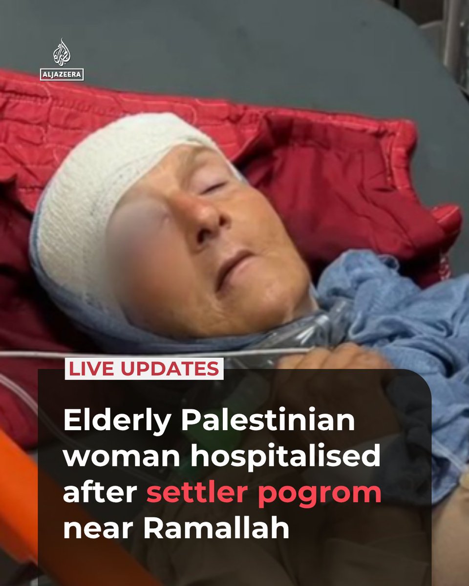 AJEnglish's tweet photo. Fatima Muqattam, an elderly Palestinian woman, has been hospitalised after Israeli settlers beat her and her husband during a pogrom in Burqa, near Ramallah in the occupied West Bank, as the couple resisted a bid to steal their livestock.

🔴 LIVE updates: https://t.co/WNwn7uwMYO https://t.co/PIUDK2Zjre