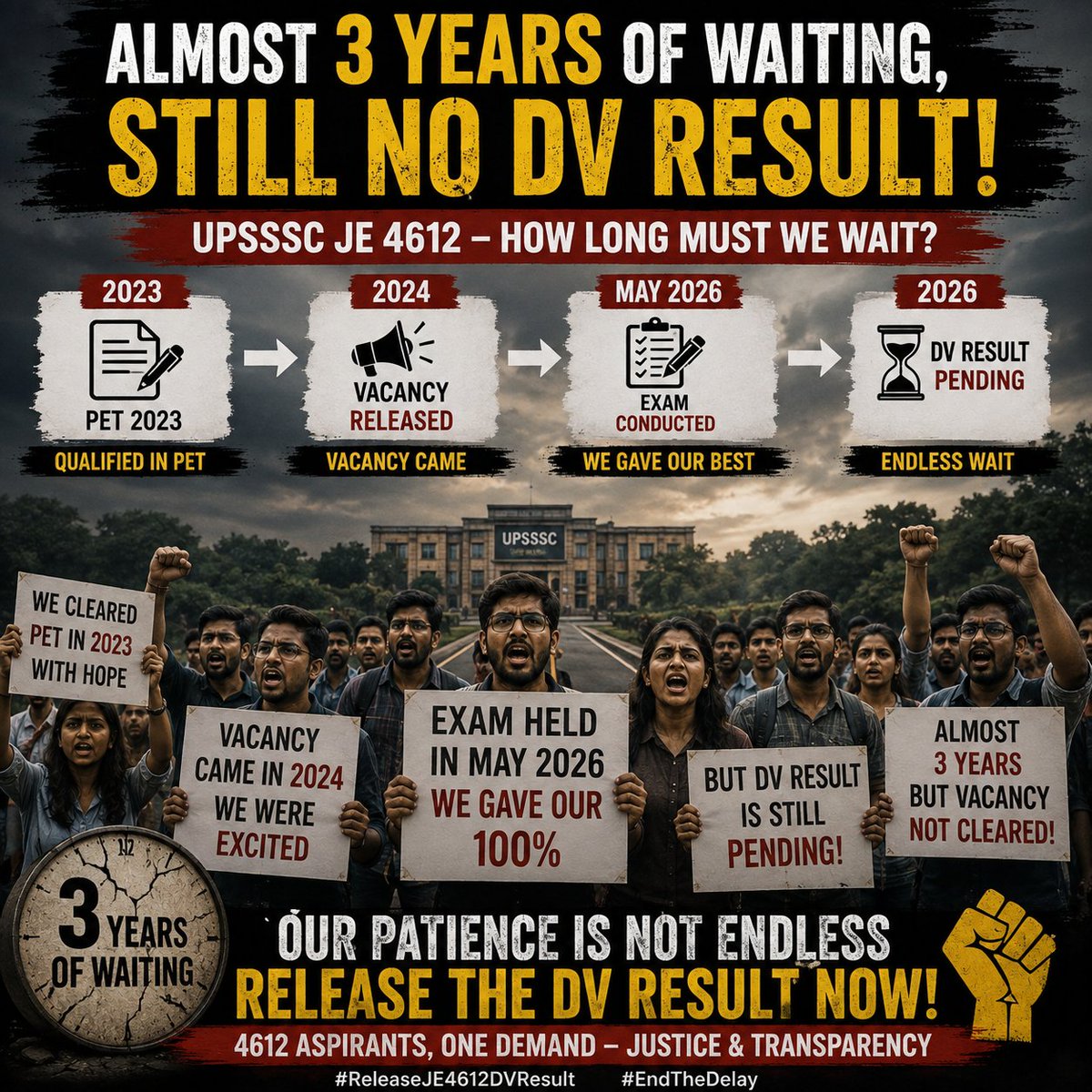 Shashan82333450's tweet photo. “4612 candidates are waiting for their future-Release the UPSSSC JE DV result now. Justice delayed is justice denied!”
#UPSSSC_JE_4612_DV_RESULT
@myogiadityanath  @brajeshpathakup @UpssscOfficial1 @IasHarikesh @kpmaurya1 @ChiefSecyUP @TheLallantop  @ABPNews @TheNewspinch @aajtak https://t.co/XP0lDSYdDv