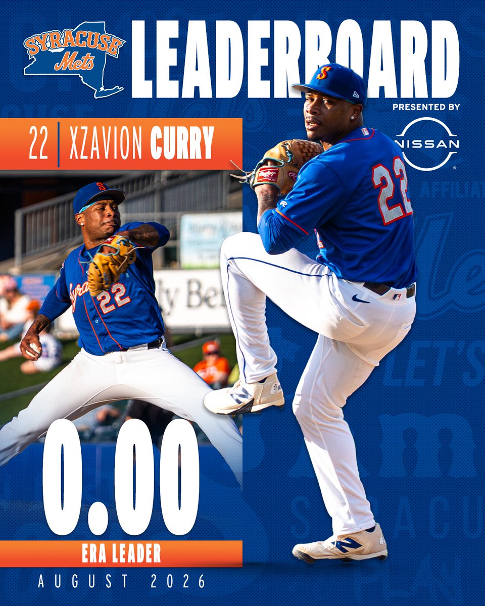 SyracuseMets's tweet photo. Xzavion Curry is your Syracuse Mets ERA Leader for the month of August, presented by @NissanUSA! #WeAreTheFuture https://t.co/cZI3VLEidB