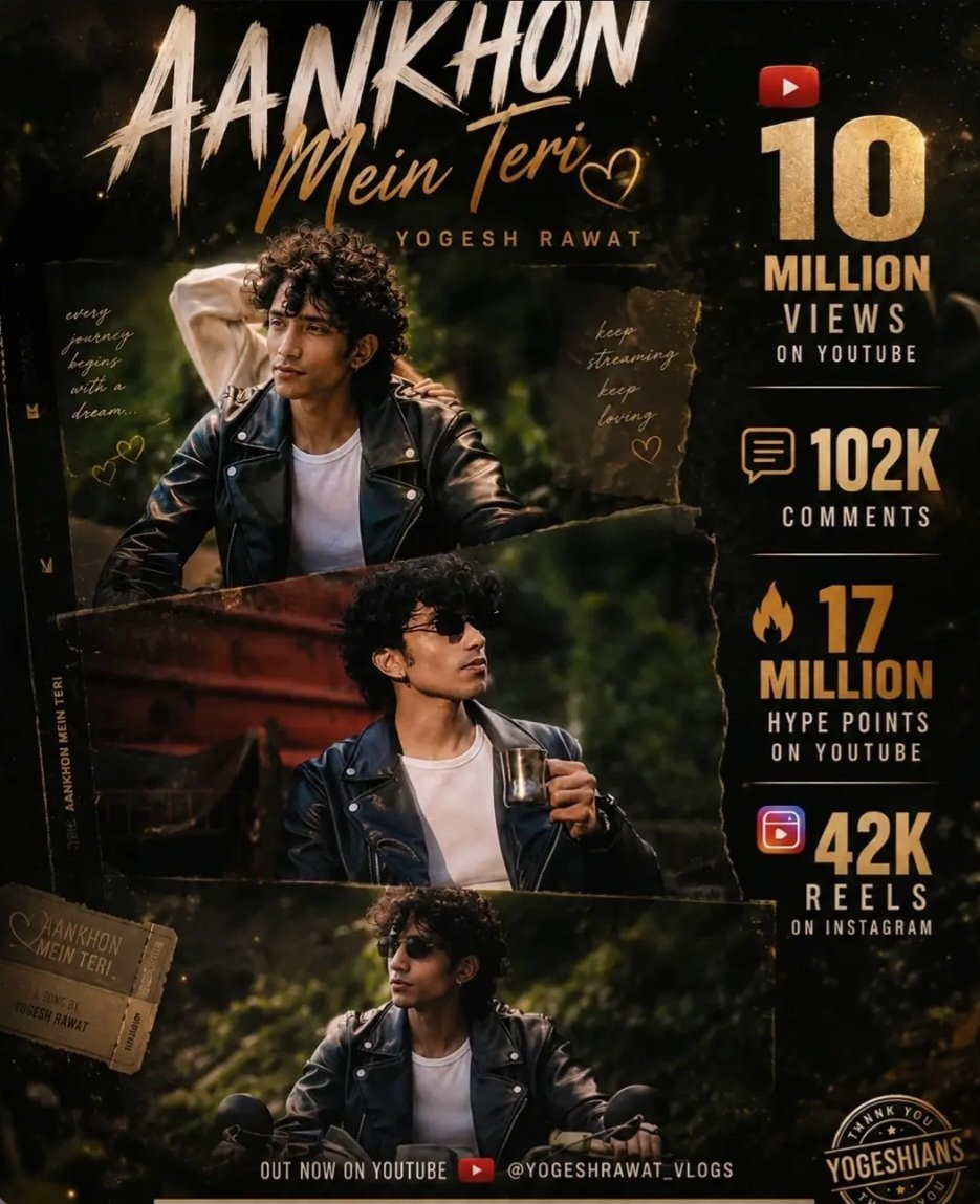 Yogeshrawat_fc's tweet photo. Your first song !!!!  Your first 10M views, along with 1.08M likes & 102K comments ! 🔥

What a milestone this is, @YogeshRawa04 🫶

The Roadies dream may not have worked out, but today, your singing dream is coming true! So proud of you✨ ❤️

Also congratulations to everyone who streamed, liked, commented, shared, and promoted the song !  Your love and support have been a beautiful part of this journey 🥹

#YogeshRawat