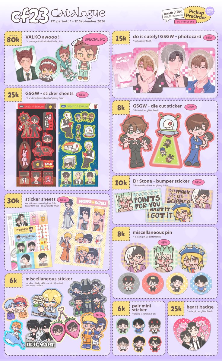 tarumiachi's tweet photo. 🤍 &amp; 🔁 are appreciated
otsuusama's #CF23 preorder catalogue is here⋆𐙚₊˚⊹

🔗https://t.co/NfIgI4vr5c

.✦ ݁˖ Open from 1 - 12 Sept
.✦ ݁˖ PICK-UP ONLY
.✦ ݁˖ booth TBA
.✦ ݁˖ LADS, gsgw, KaraIko, Naruto, DrStone, and more

#cf23catalogue #comifuro23 https://t.co/ltJpXVCmUQ