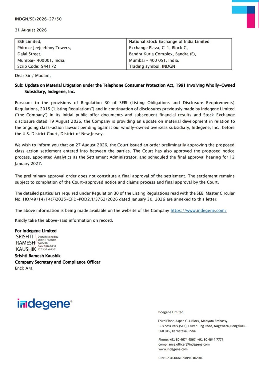 Value_of_Growth's tweet photo. #INDEGENE – Positive Update ✅
Yesterday stock touched fresh 52wk high.💥
One possible reason behind the recent strength in the stock:
Indegene's US subsidiary was facing a class-action lawsuit.
✓ US Court has now given preliminary approval for the proposed settlement.
✓ Maximum settlement fund is capped at ~$4.72 million.
✓ Actual cash outflow could be much lower, as payment depends on valid claims received.
✓ Company is not required to deposit the entire $4.72 million upfront.
Simply put — a long-pending legal uncertainty is moving closer towards resolution, which is positive for sentiment. ✅
Note: Final court approval is still pending and the hearing is scheduled for January 12, 2027.
Not a buy/sell call. DYOR