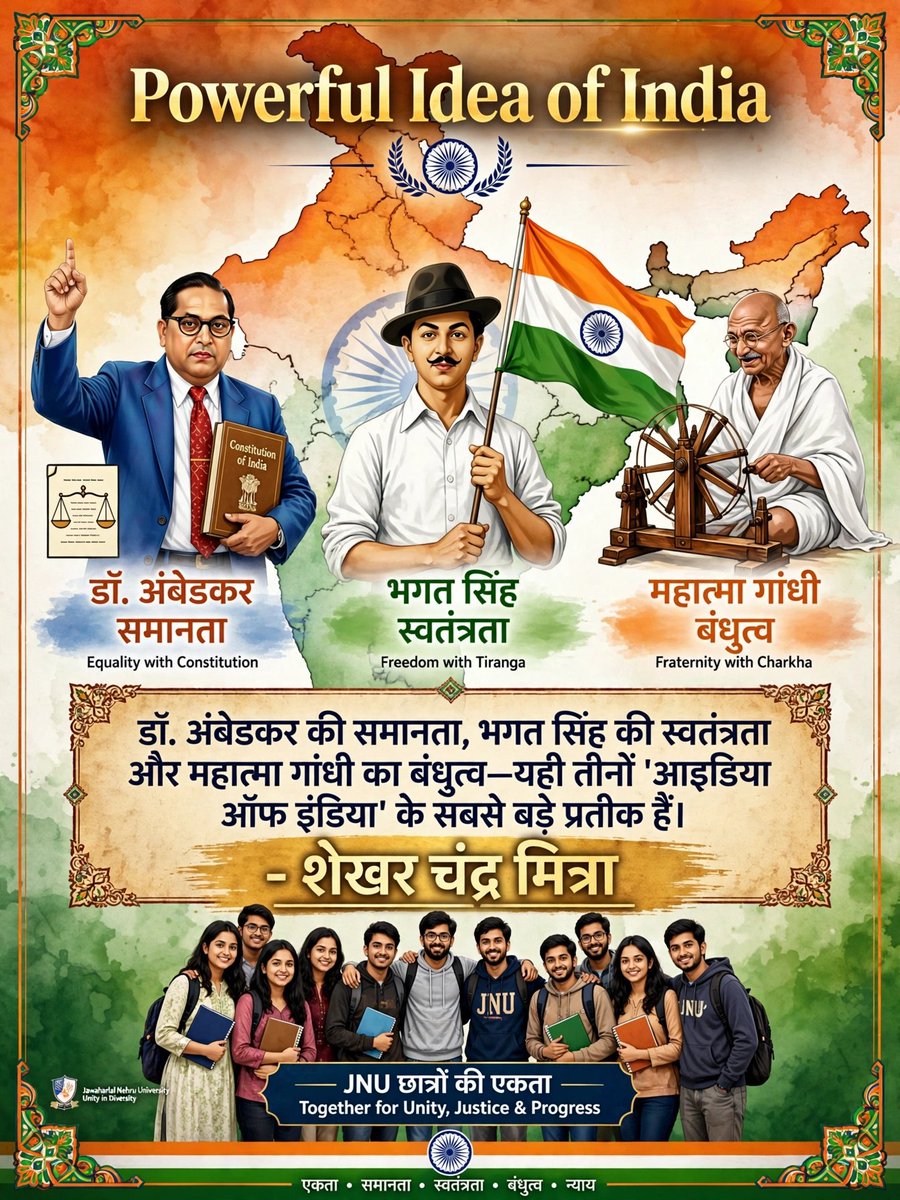 ShekharMitr's tweet photo. "डॉ. अंबेडकर की समानता, 
भगत सिंह की स्वतंत्रता और 
महात्मा गांधी का बंधुत्व—
यही तीनों 
'आइडिया ऑफ इंडिया' के 
सबसे बड़े प्रतीक हैं।" 
#IdeaOfIndia #Ambedkar 
#BhagatSingh #राष्ट्रीय_एकता
#MahatmaGandhi #संविधान https://t.co/P9lE9O5FeZ