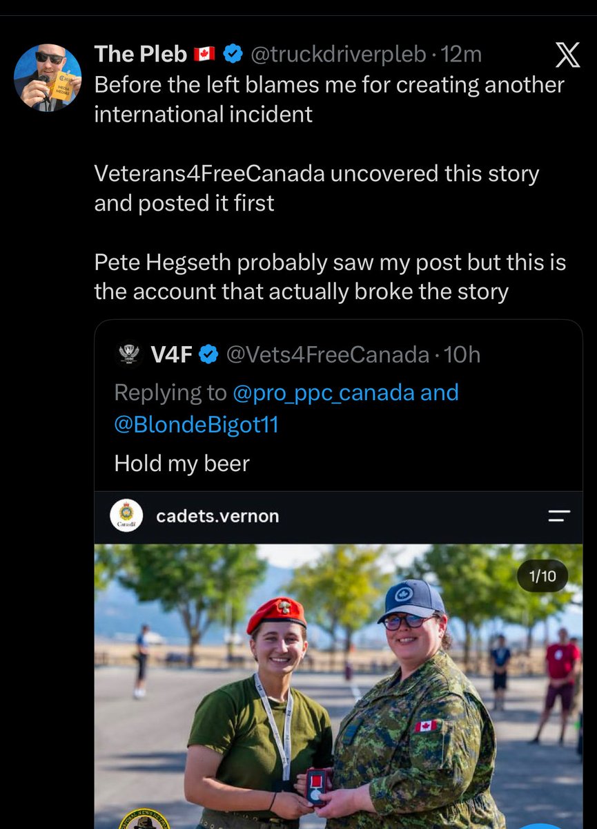 misschristijo's tweet photo. @PierrePoilievre @CPC_HQ you guys proud?
You did this.
You are the reason this guy thinks shitting on cadets is a good idea.
This is also why you are losing so very badly.
#cdnpoli #canpoli #canpolitics https://t.co/wdN8CgbXrx
