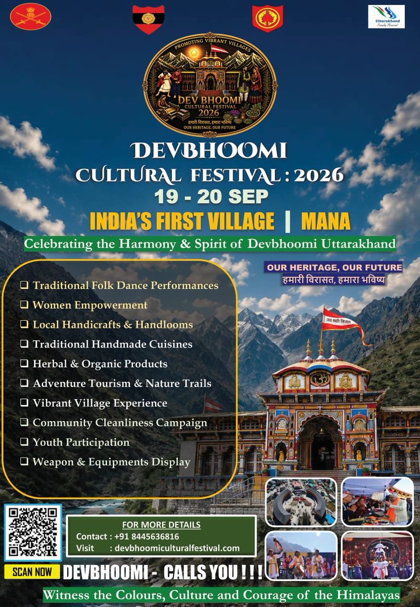 UBArea_IA's tweet photo. 🇮🇳 THIS IS NOT JUST A FESTIVAL. THIS IS DEV BHOOMI’S SOUL ON DISPLAY!

At 10,000+ ft in the majestic Mana, #DevBhoomiCulturalFestival2026 brings Uttarakhand’s heritage, raw talent and unstoppable youth energy to one electrifying stage.

From powerful Garhwali dances and folk voices to inter-college battles, Sand Art, Handpan artistry and the spectacular #GemsOfGarhwal — tradition meets ambition.

OUR HERITAGE. OUR TALENT. OUR FUTURE.

#DevBhoomiCulturalFestival2026 #Mana #OurHeritageOurFuture #IndianArmy #Uttarakhand #GarhwaliCulture #YouthPower #देवभूमि #हमारीविरासतहमाराभविष्य
@adgpi @panchshulpulse @PRODefDehradun @suryacommand @IbexRadioTarana @radioibextarana @voiceofspiti @voiceofkinnaur  @ProDefLko @SpokespersonMoD @DefMinIndia